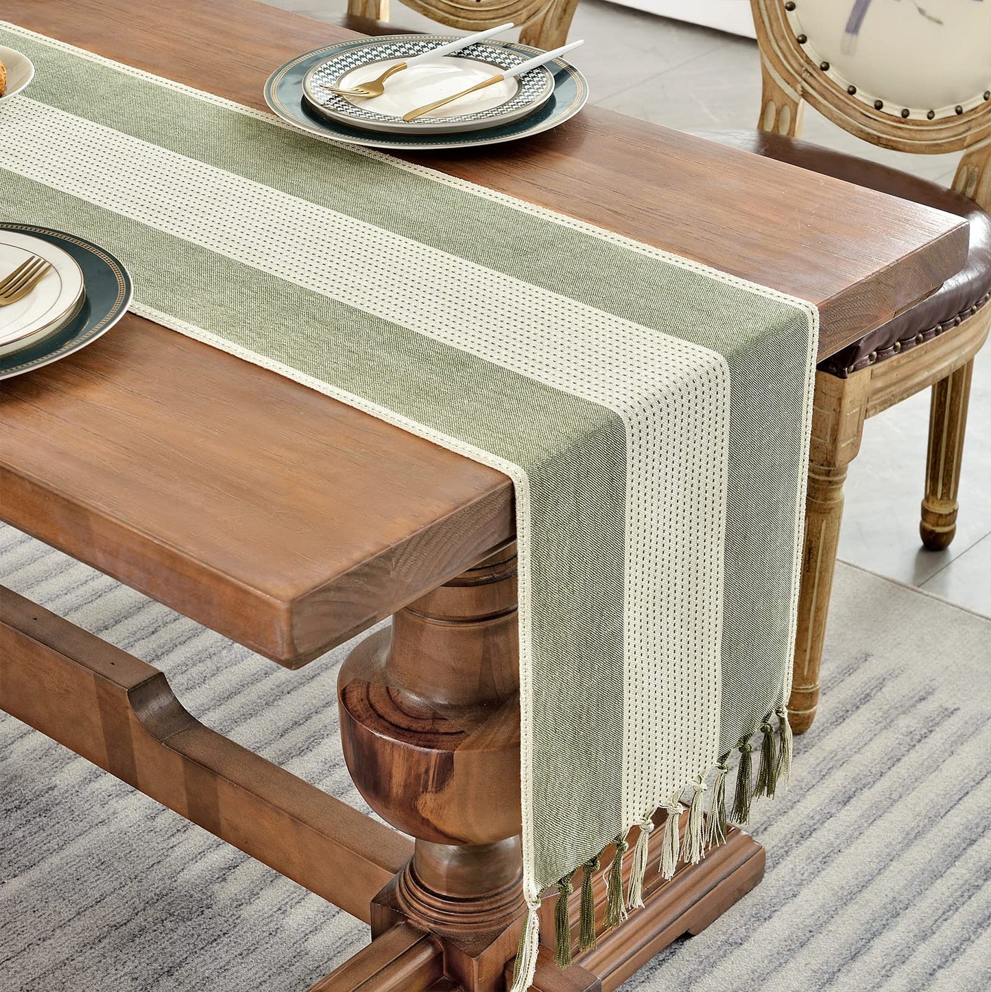Wracra Linen Table Runner, Farmhouse Macrame Table Runners 108 Inches Long for Dining Table Decor, Wedding, Party and Dresser Decor (Sage Green,108")