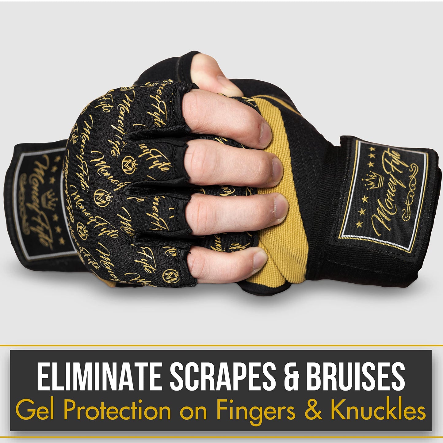 Quick Gel Boxing Wraps Under Boxing Gloves - Kickboxing MMA Muay Thai - Fist, Knuckle, Wrist Wrap Protection Inner Glove Hand Wraps - Men Women Kids - MoneyFyte (Black/Gold, S/M)