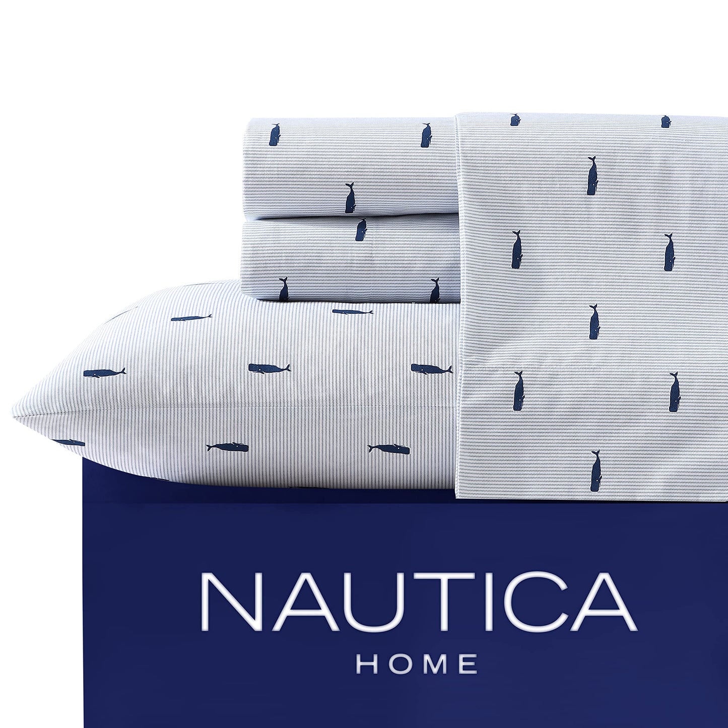 Nautica - Twin XL Size Sheet Set, Crisp Cotton Percale Bedding with Matching Pillowcase, Fully Elastic Fitted Sheet, Deep Pocket, Nautical Room Decor, Breathable All-Season Comfort (Whale Stripe Blue)