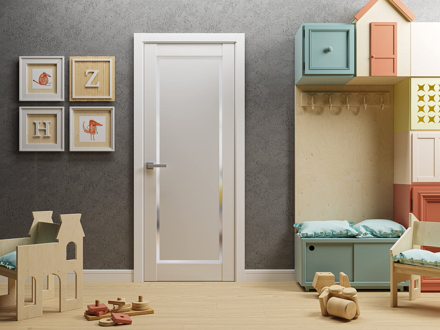 Sartodoors PLANUM 0888 | 32 x 96 | Painted White Interior Single Swing Door with Frosted Glass | Solid Wood Door in Modern French Style | Hardware Included