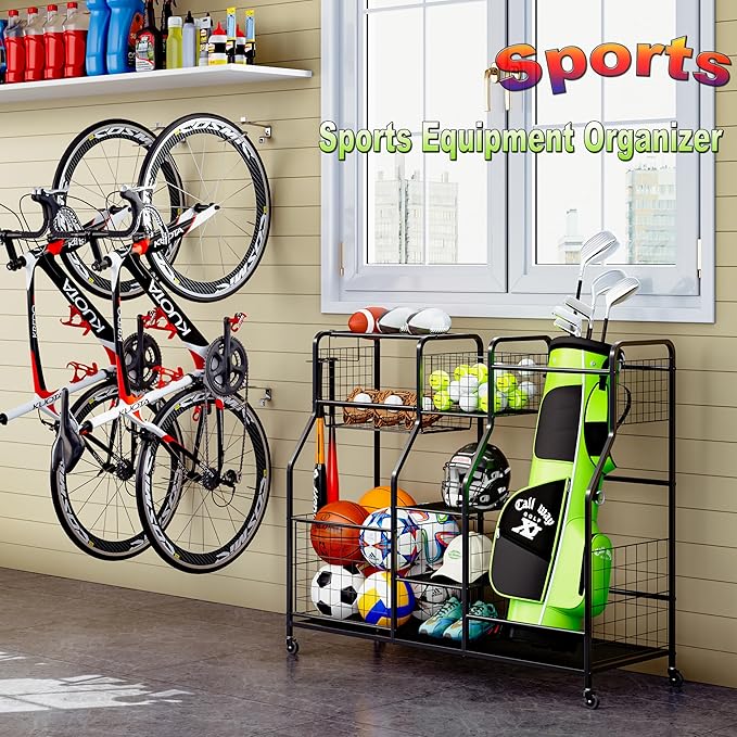 Garage Sports Equipment Organizer & Outdoor Toy Storage, Ball Storage Golf Organizer For Garage with Baskets, 5 Hooks