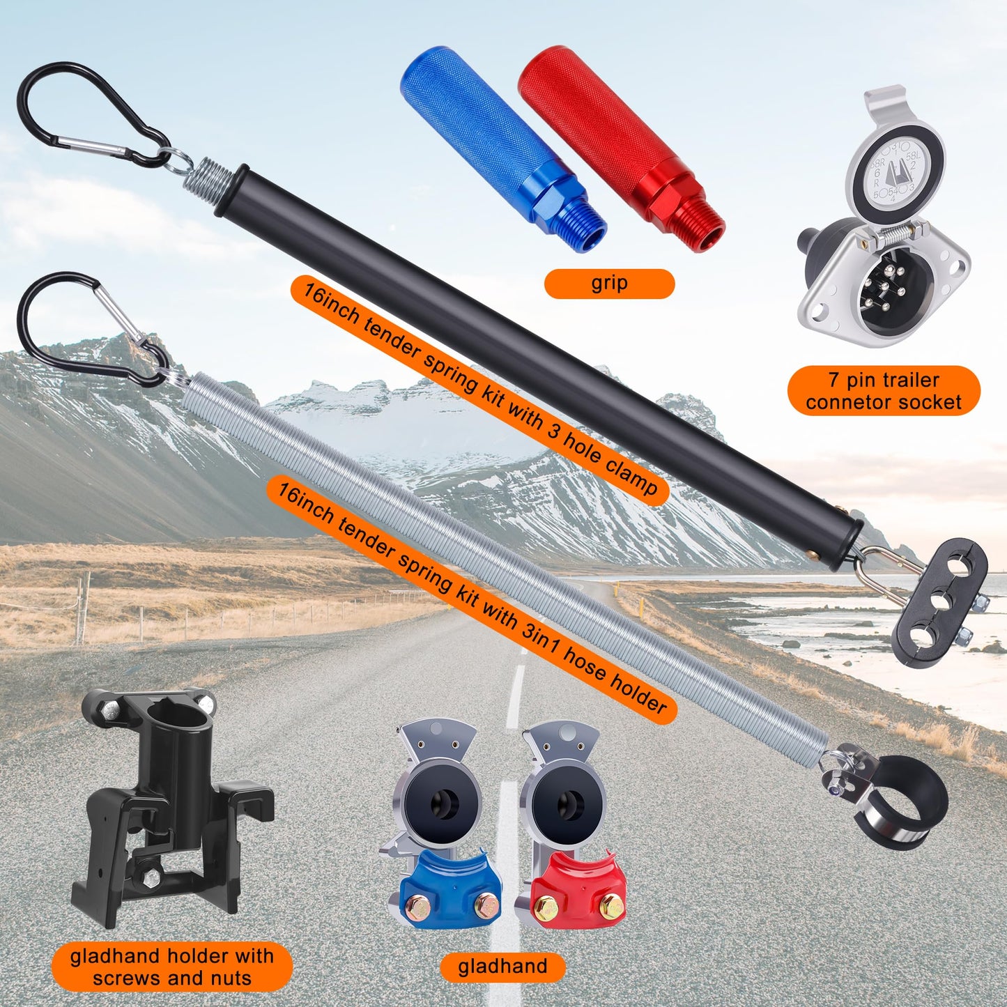 15FT Air Line Hose Kits, 3 in 1 Air Line for Truck Tractor Trailer, Semi AirLine Assembly with Gladhand, Gladhand Holder, Extension Handles, 16IN Tender Spring Kit, 7 Way Trailer Connect Socket