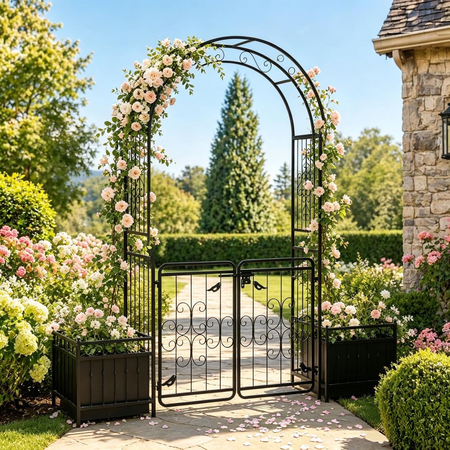 ELOMBR 7.2FT Metal Garden Arch Trellis, Heavy Duty Metal Garden Arbor with Door&Planting Frame for Climbing Plants Outdoor, Double-Layered Trellis Arch for Wedding Ceremony Party, Black, 16mm