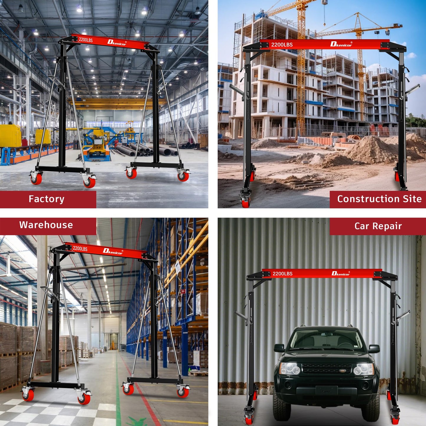 Dkenicor Adjustable Gantry Crane, Max 3000Lbs Adjustable Height 8.57 to 12.14ft, Steel I-Beam Construction Portable Shop Hoist for Factories, Warehouses, Auto Repair, Construction Site, Red