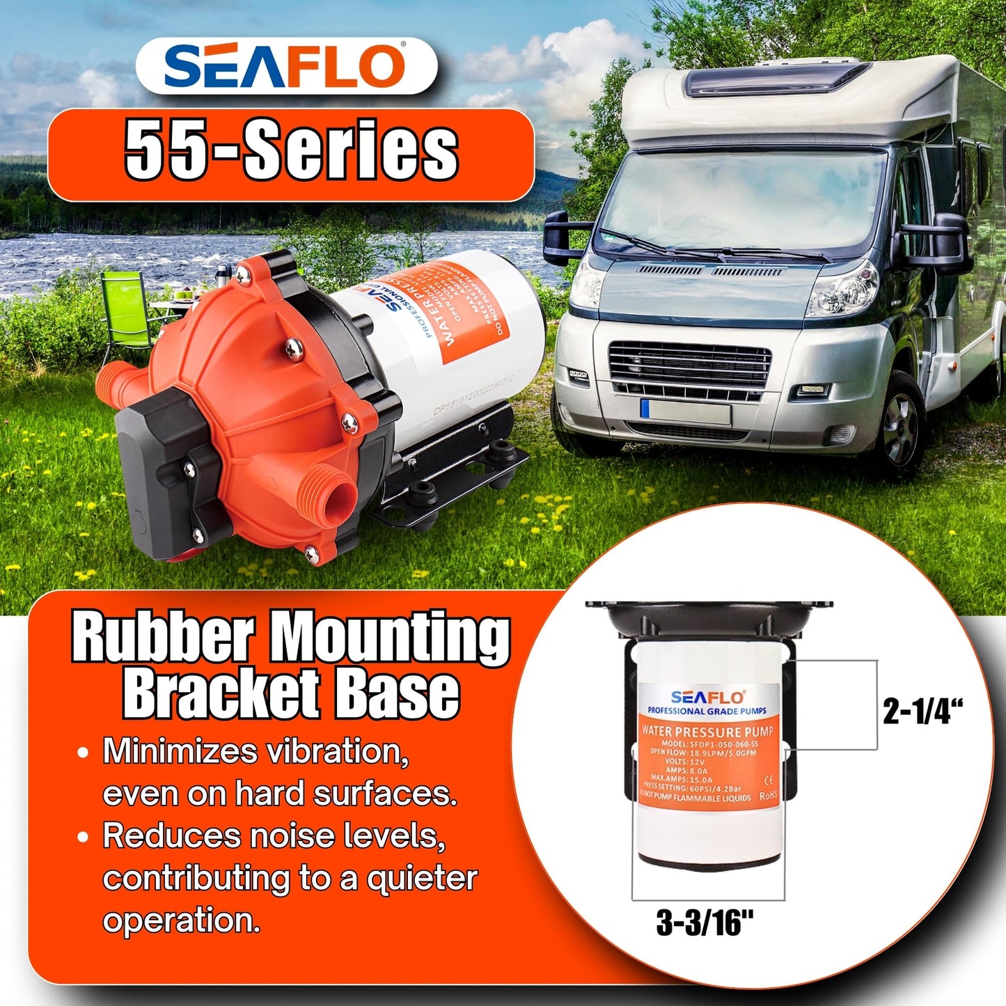 SEAFLO 55-Series 24V On-Demand Diaphragm Pump - 5.5 GPM, 60 PSI, Water Pump, Heavy Duty, Pressure Switch, Self Priming, Quiet, High Flow, RV Marine Off Grid Freshwater System, 4-Year Warranty