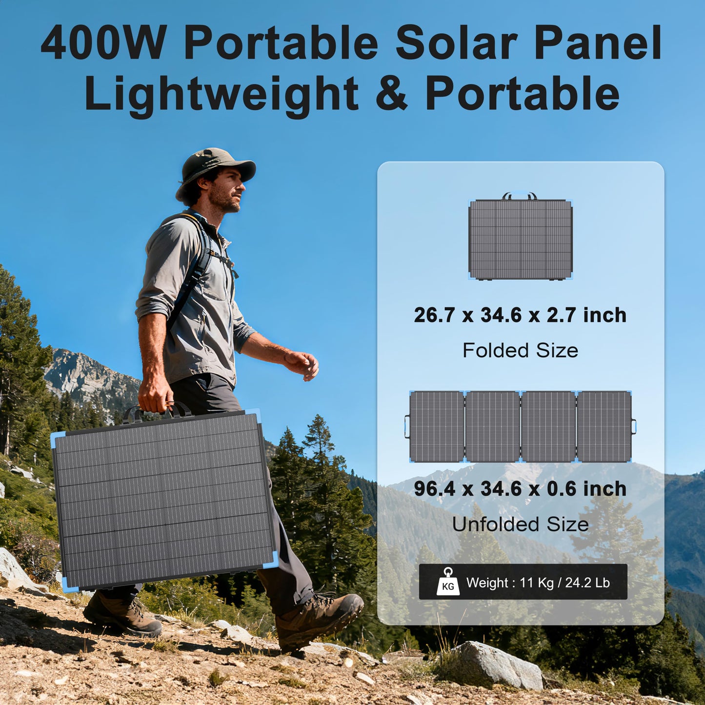 E-POWO 400W Bifacial Portable Solar Panel for Power Station, 23.5% High Efficiency ETFE Foldable Solar Charger for Camping Essentials,IP68 Waterproof 3 Reinforced Kickstands for RV Off-Grid Blackouts