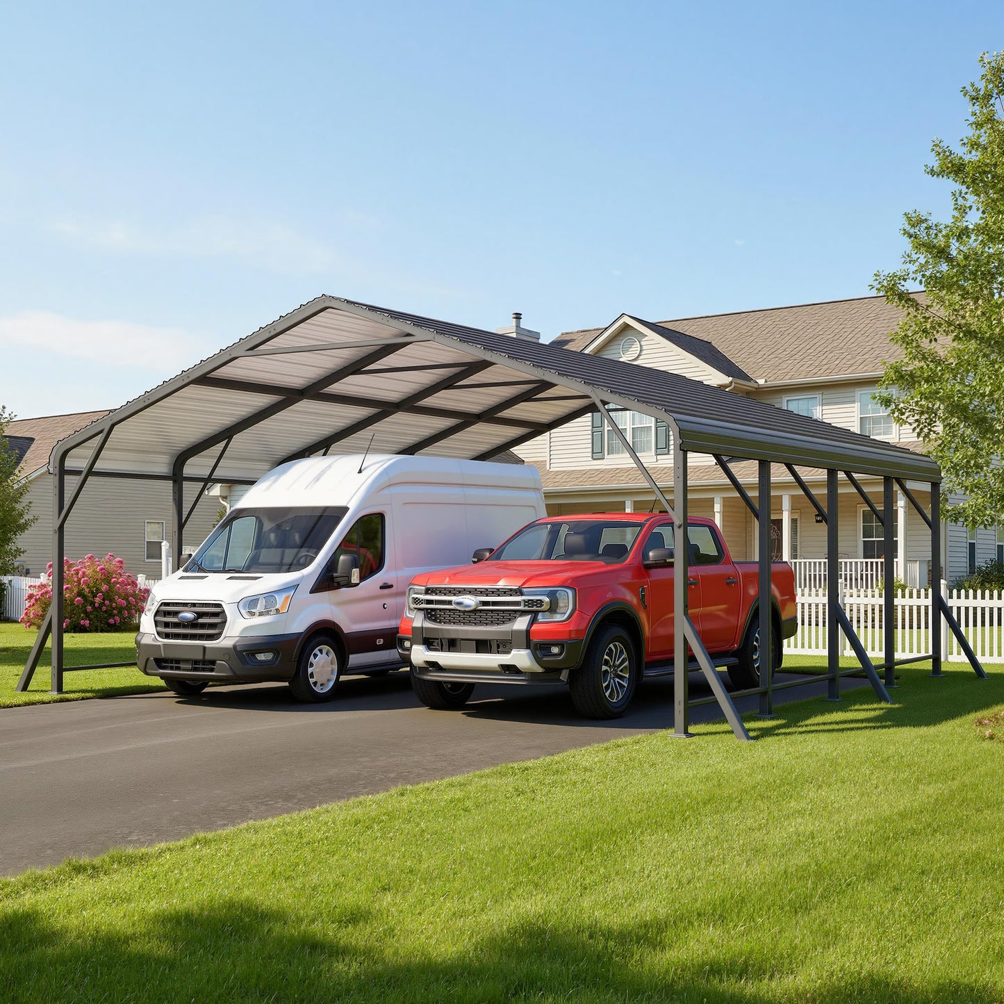 Fansafurn 20' x 20' Carport, Metal Carport with Updated Roof & Enhanced Base, Heavy Duty Canopy Carports Garage, Vertaile for Car, Truck, Boat, Tractors, Party, Grey