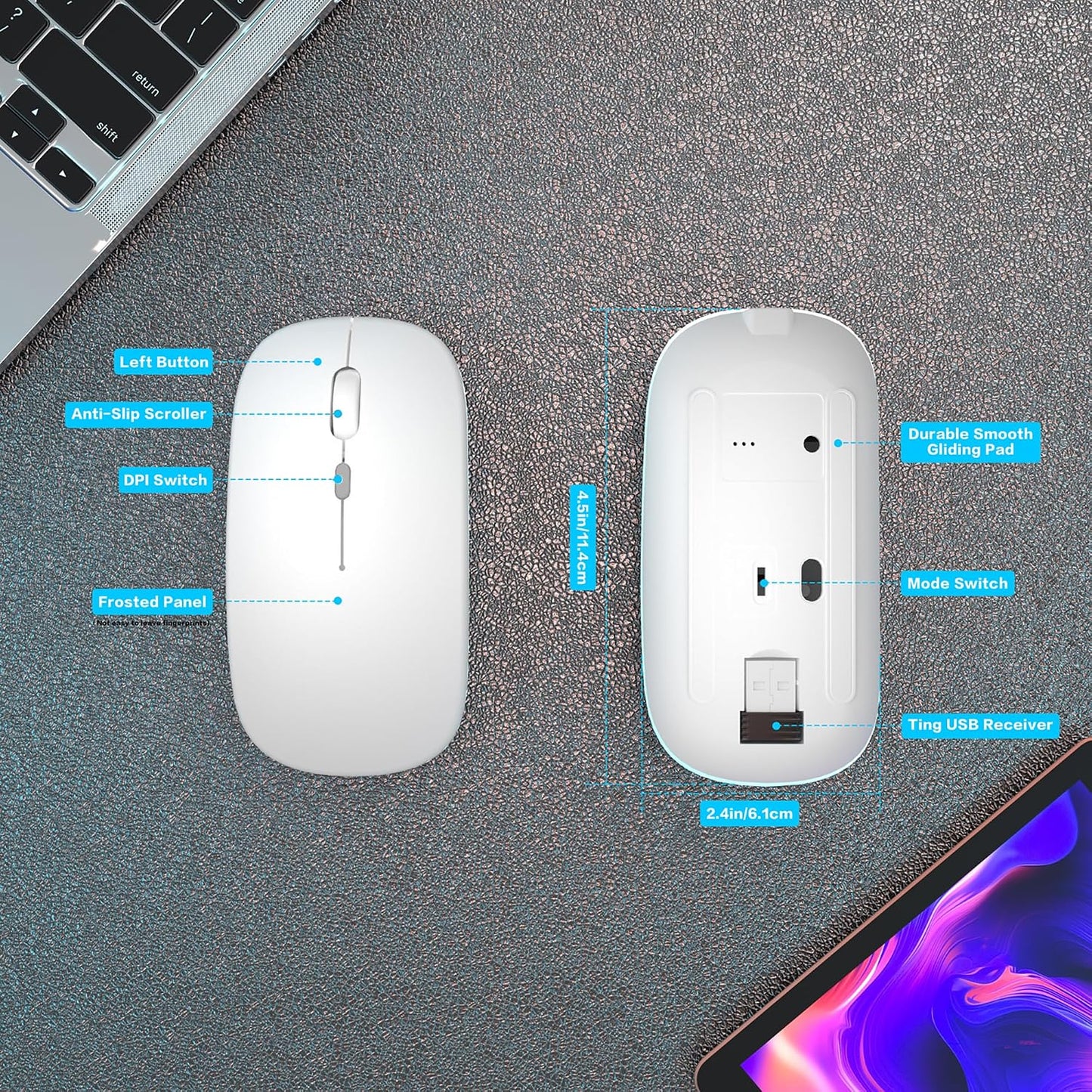 AIKOKOK 5.2 2.4G Wireless Bluetooth Mouse, Rechargeable, Dual Mode Bluetooth & USB, LED Lights, Slim, Silent, Portable