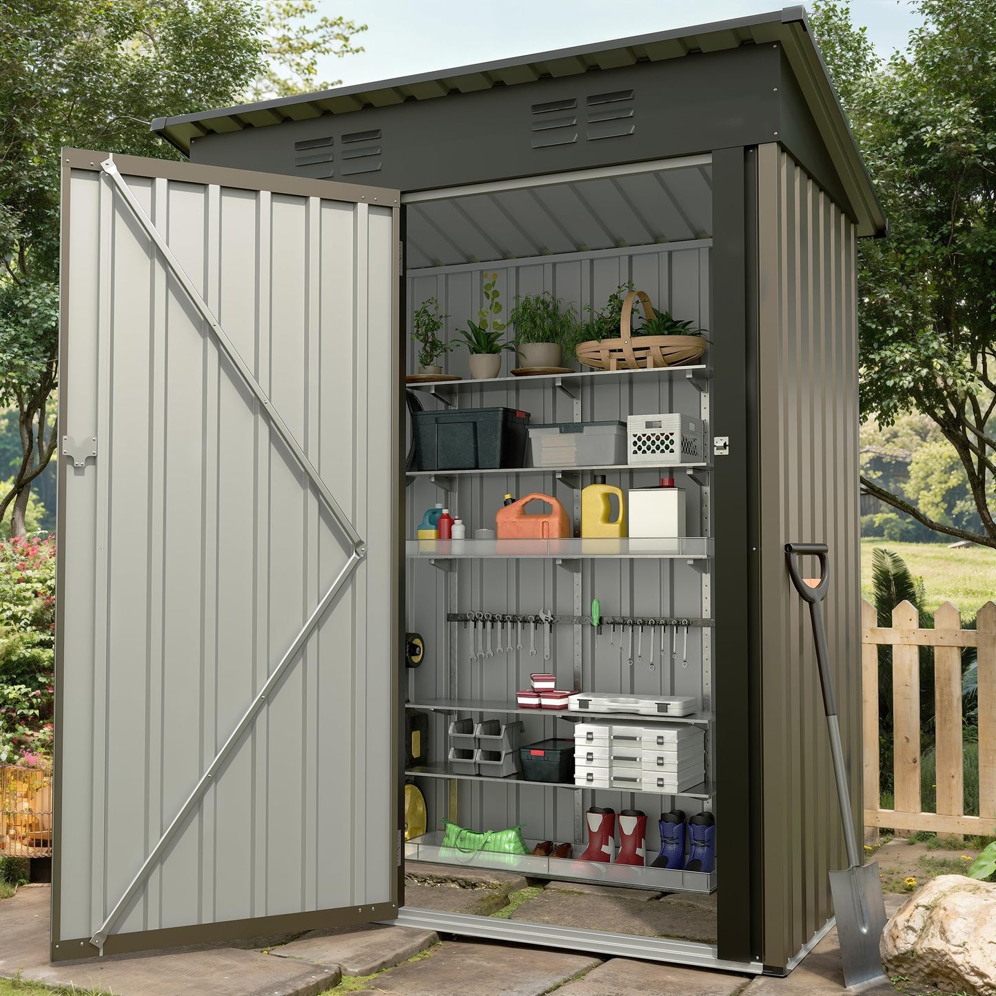 5x3FT Metal Storage Shed with Sloped Roof, Lockable Doors, Solar Light, Windows, and Vents, Outdoor Storage Sheds for Garden, Backyard, Patio Tools and Equipment
