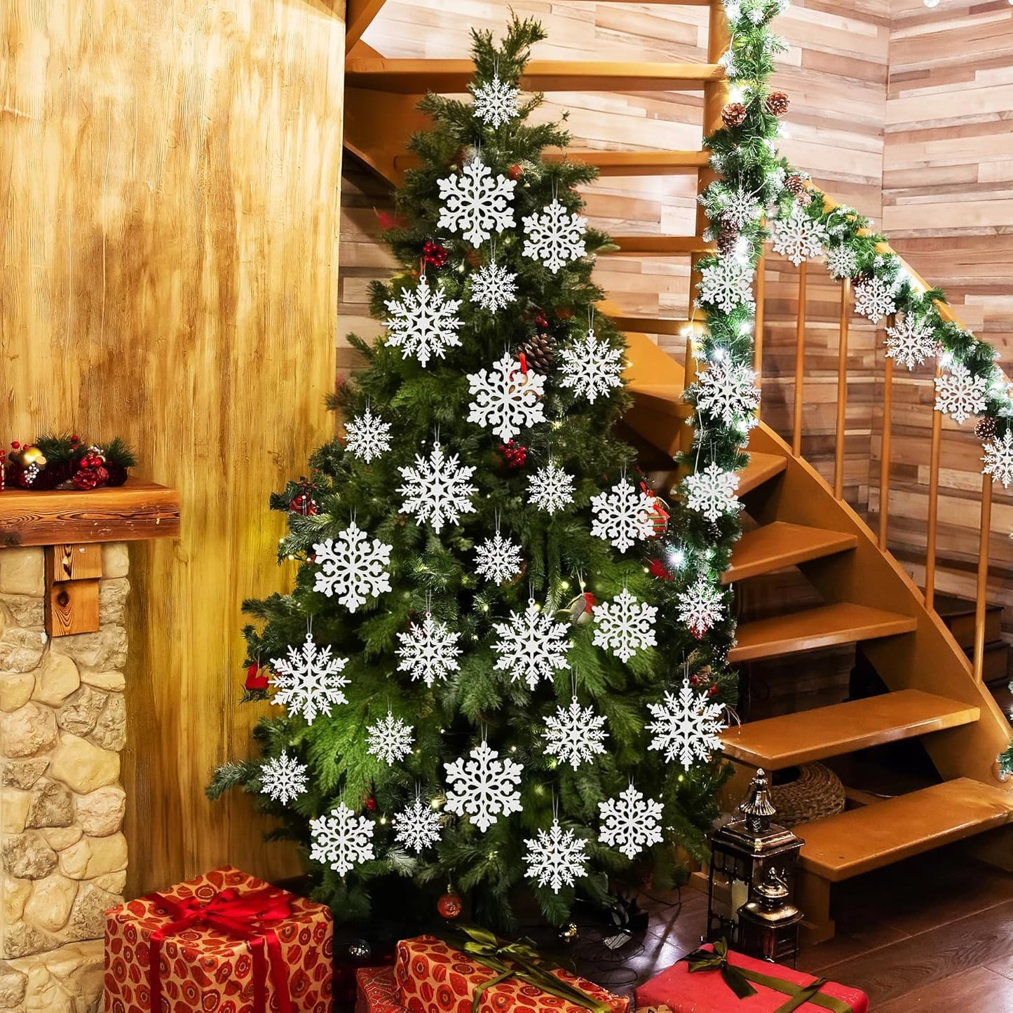 Skiennix 24PCS Snowflake Ornaments - Glittering White Plastic Tree Decorations for Winter Wonderland Decor