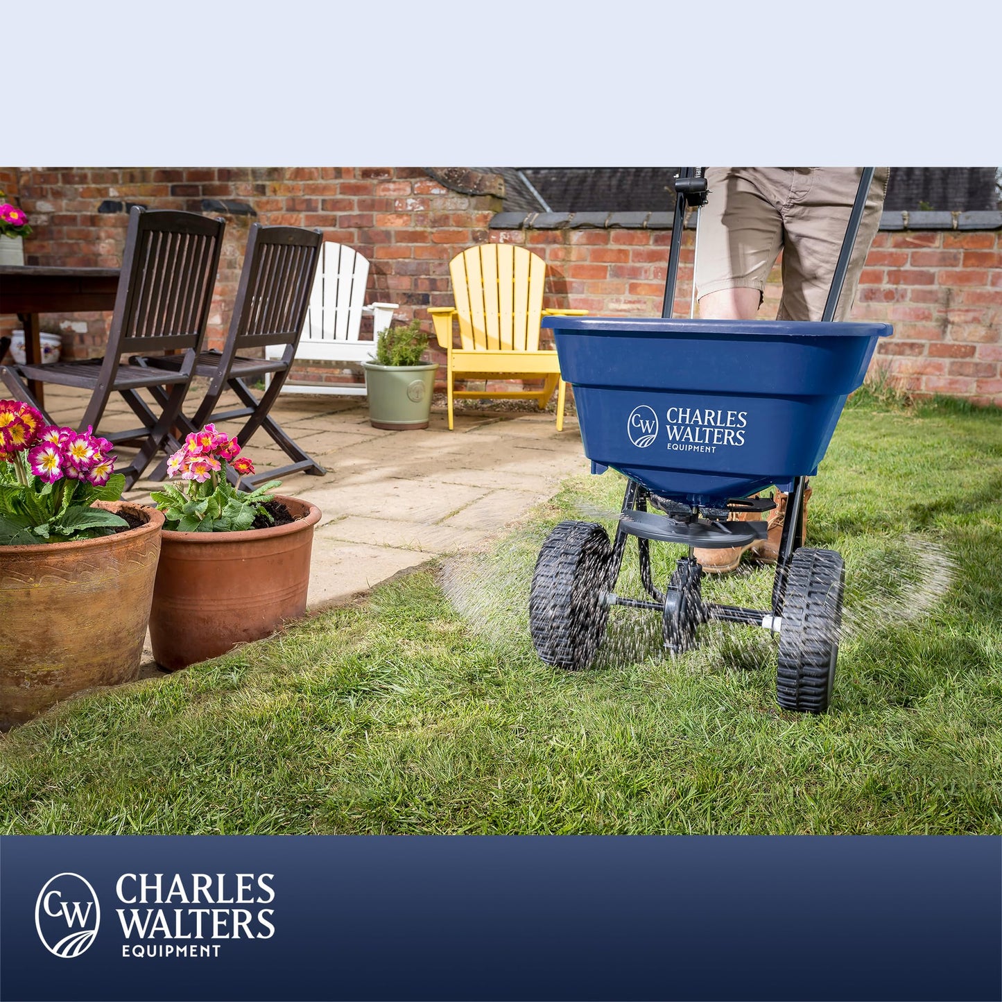 Charles Walters Equipment CW1000 Homeowner Broadcast Spreader, 65lb Capacity with Powder-Coated Steel Frame for Spreading Grass Seed, Fertilizer, and Ice Melt on Lawns, Driveways, and More