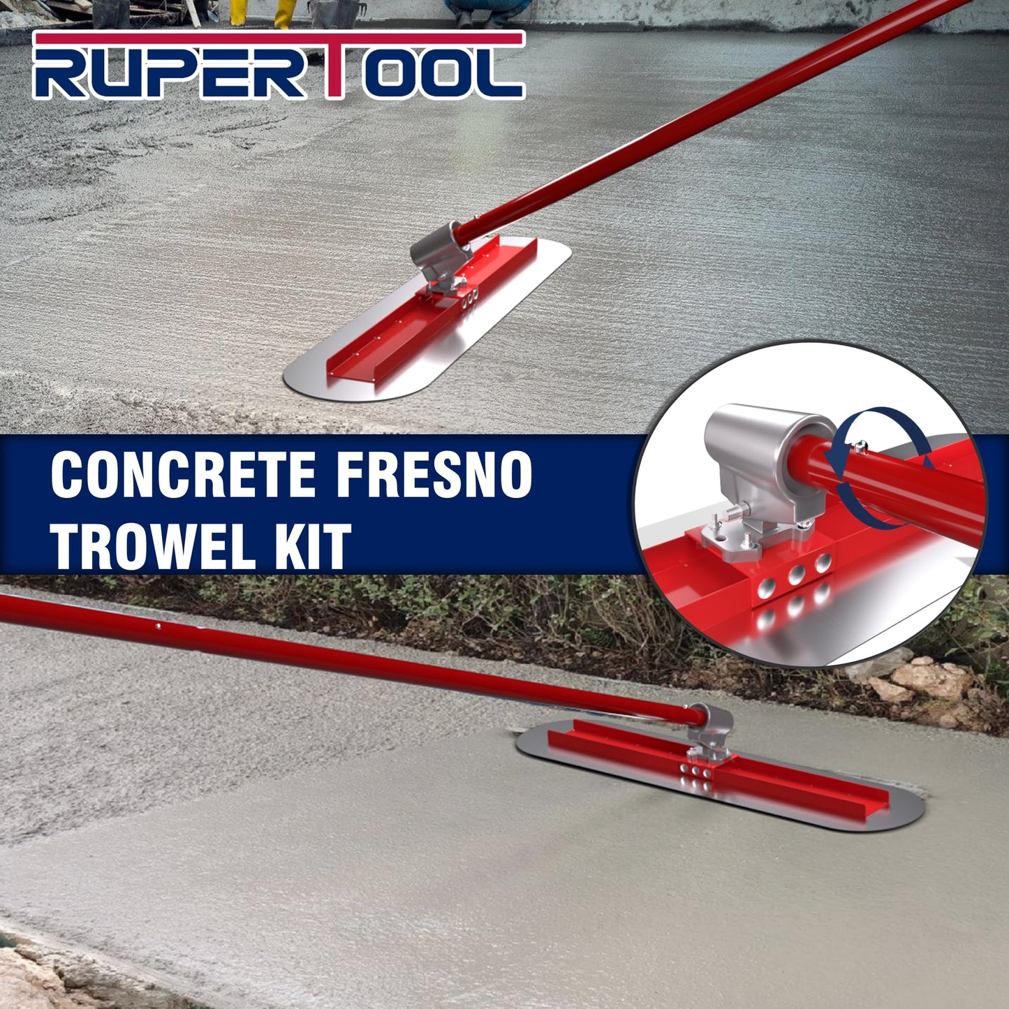 RUPERTOOL 48''x12'' Concrete Bull Float Kit Fresno Round End Concrete Finishing Trowel Stainless Steel Trowel Board with 3 Handles and Tilt Bracket