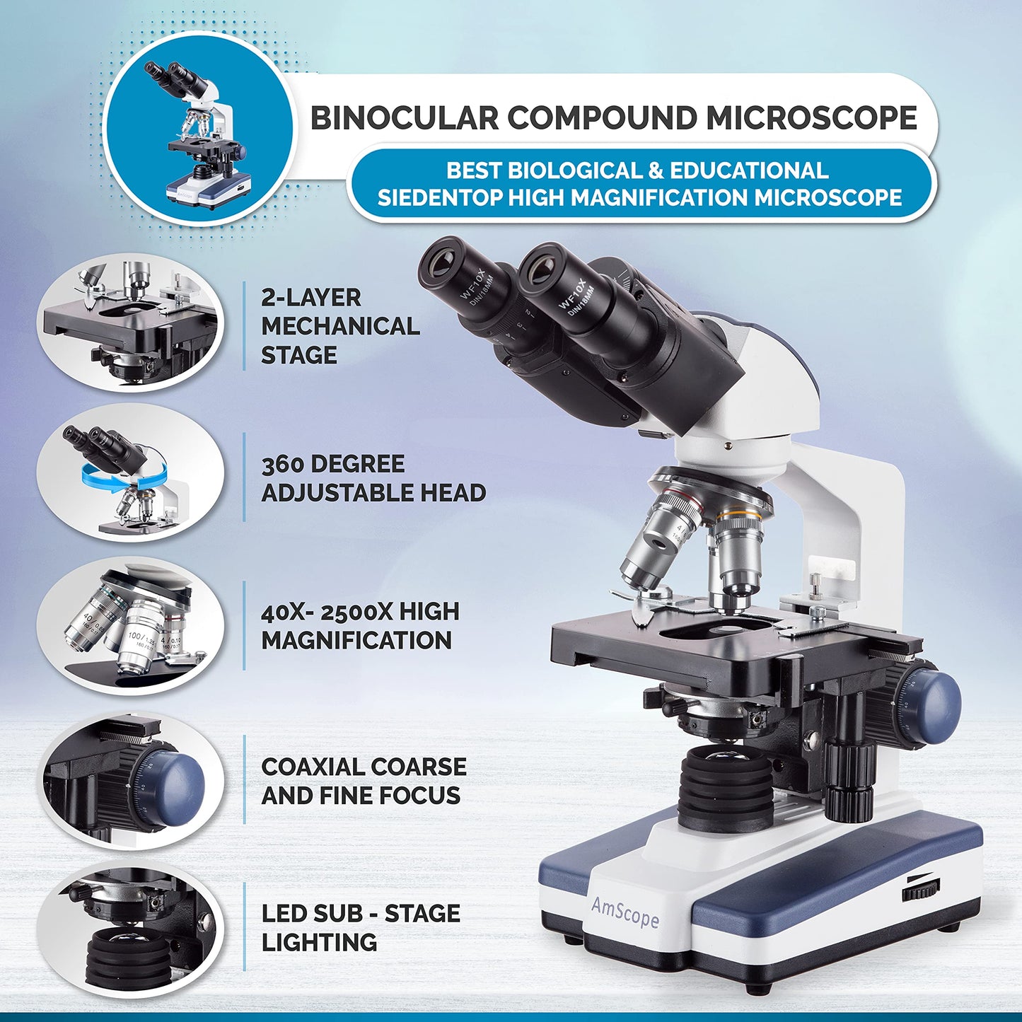 AmScope B120 Series Student & Professional Binocular Compound Microscope - 40X-2500X Magnification - Includes 3D Stage, Tweezers, 25-Piece Prepared Slides Set & Handheld Multi-USB Digital Microscope