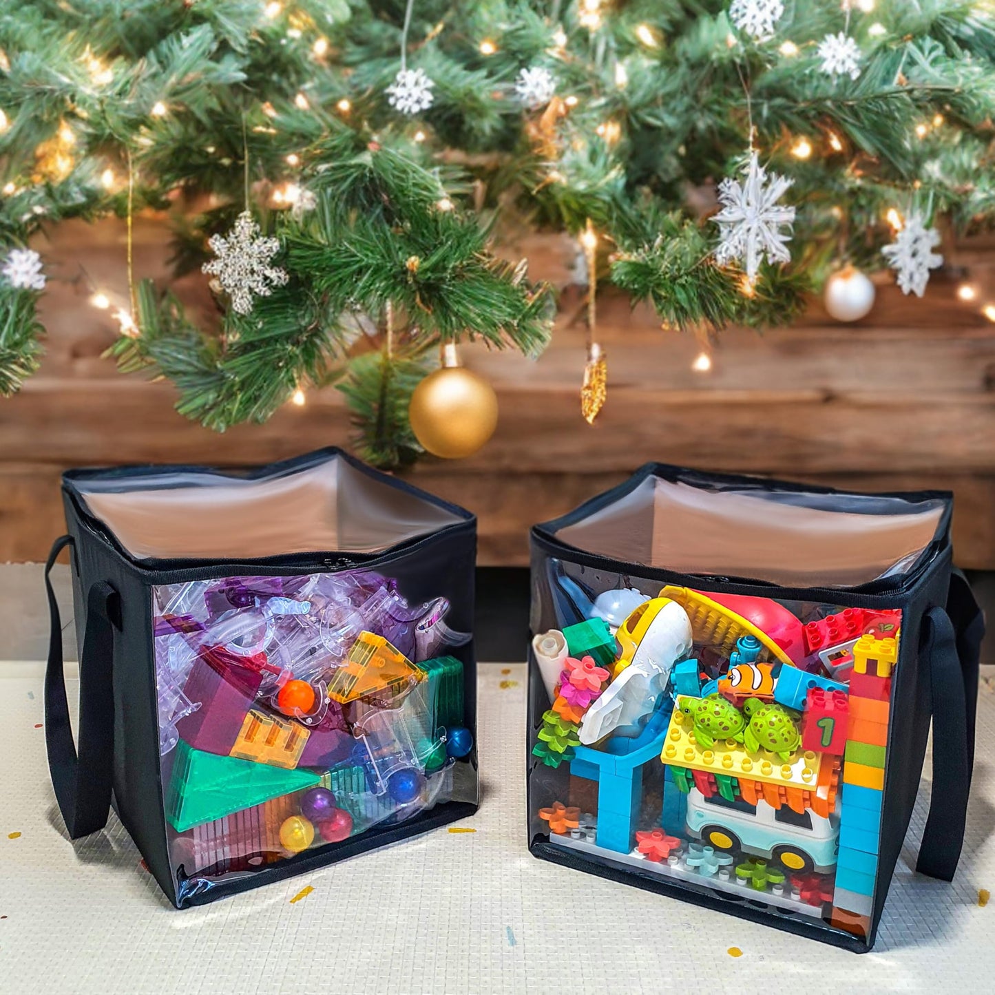 SAM AND MABEL 2 Pack PVC Storage Bins – 12" X 12" X 12" Durable and Foldable Organizer with Transparent Top and Sides, Multi-Purpose Boxes for Clothes, Deco, Books and More (Black)