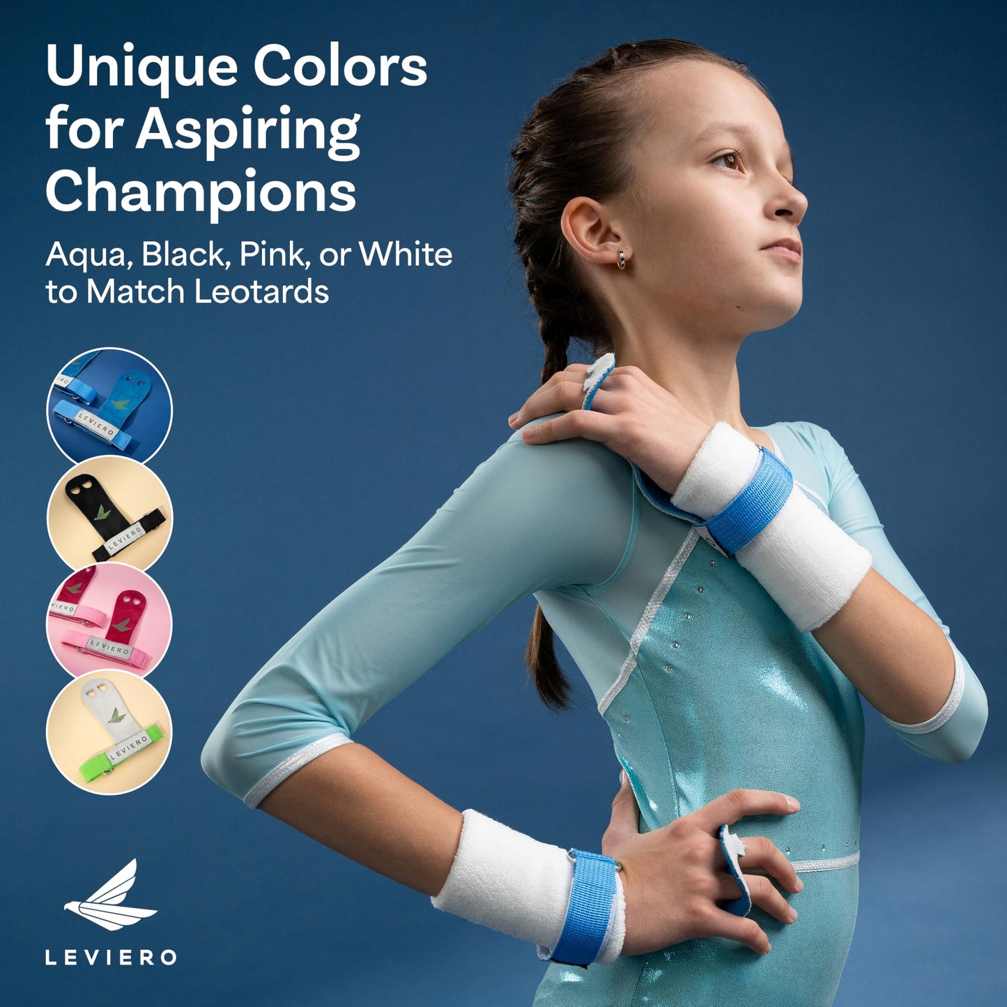 LEVIERO Palmies Gymnastics Grips, Grips for Gymnastics, Multipurpose Soft Leather Grips with Adjustable Finger Holes, Weightlifting, Kettlebell, Cross Training Workouts for All Ages - (Aqua, Small)