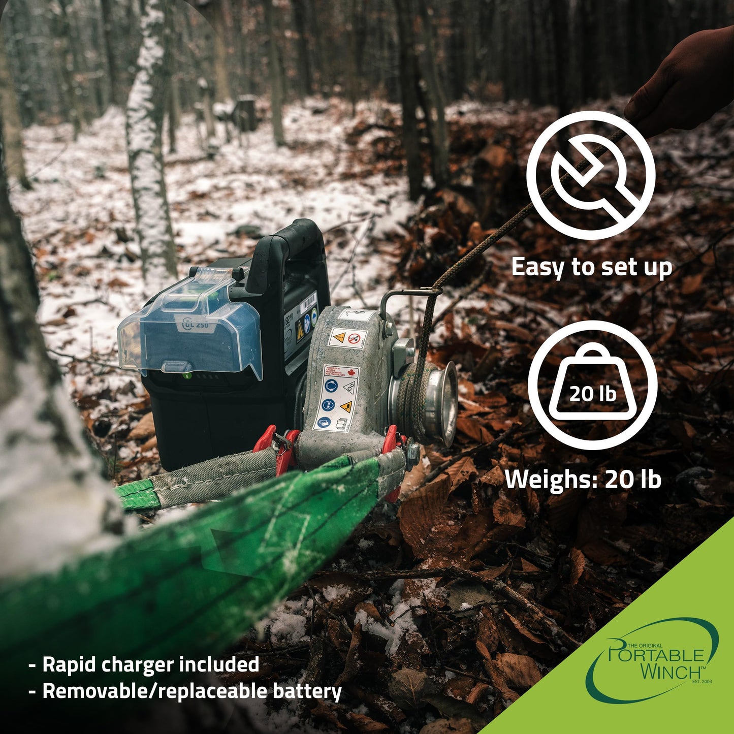 Portable Winch PCW3000-Li-A Battery-Powered Capstan Winch with Accessories - 2,200 lbs Pulling Capacity Winch, Lithium-Ion 80/82 V Batteries Powered, for Hunting, Logging, and Towing