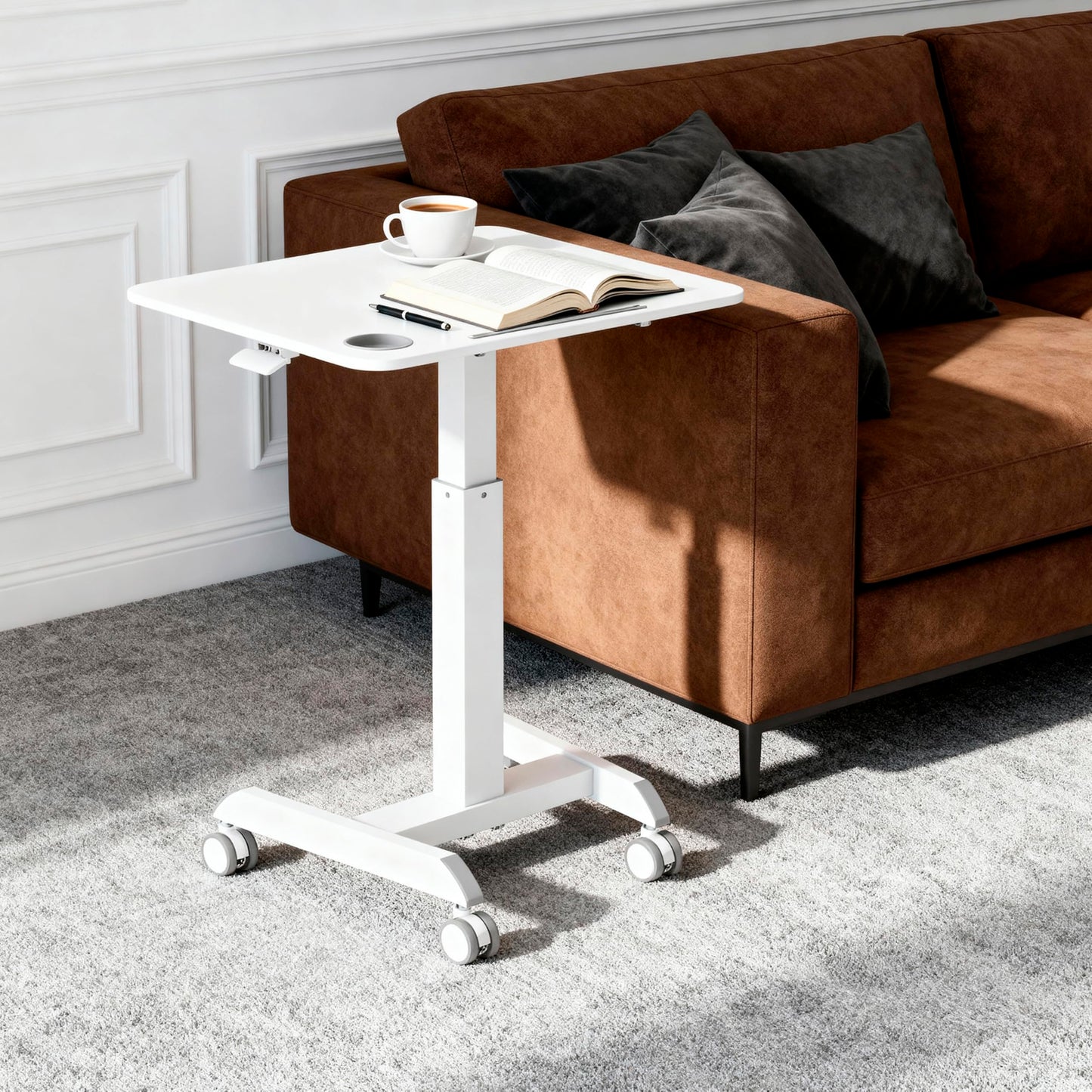 Mount-It! Laptop Cart Rolling Desk Adjustable Height with 28.5" x 22" Tabletop, Ergonomic Sit-Stand Workstation on Wheels Portable for Home Office, Dorm, Classroom, White