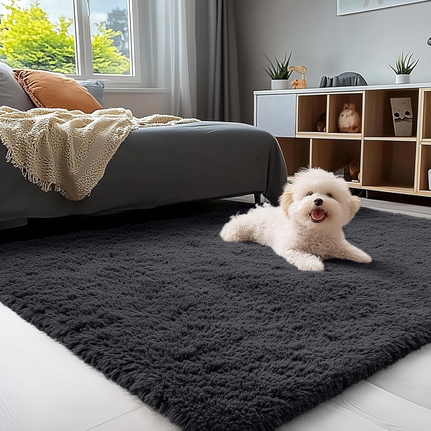 OLANLY Area Rug - Soft Fluffy Shaggy Design - Machine Washable 4x5.9 ft - Perfect for Living Room & Nursery Decor - Black