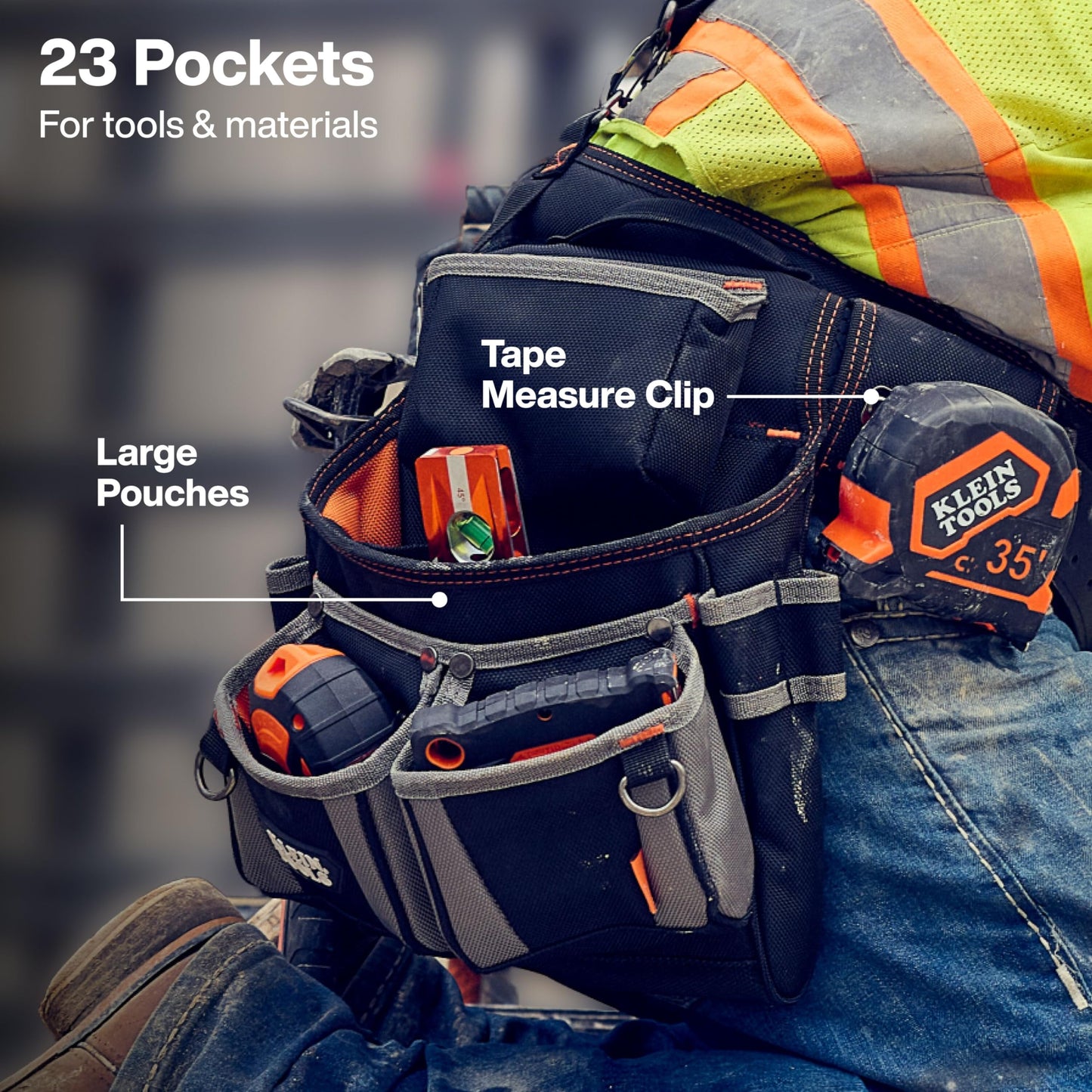 Klein Tools 55896 Tool Rig, Padded Tool Belt, Suspenders and Pouches with 23 Pockets, Adjustable 30 to 52-Inch Waist, for Carpenters, Electricians, Construction