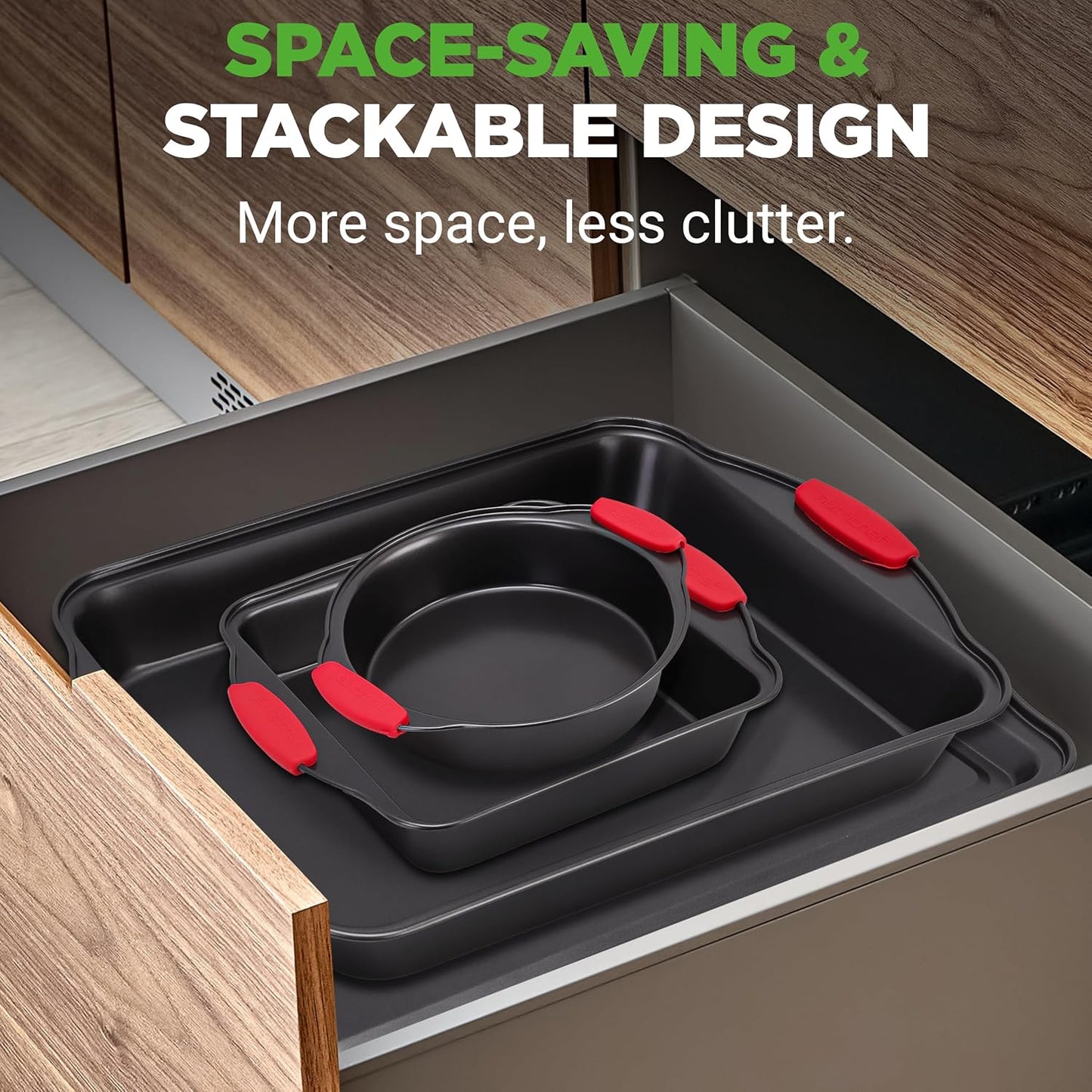 NutriChef Non-Stick Baking Pans Set - Deluxe Commercial Grade Bakeware with Red Silicone Handles | 8 Piece Gray Coating