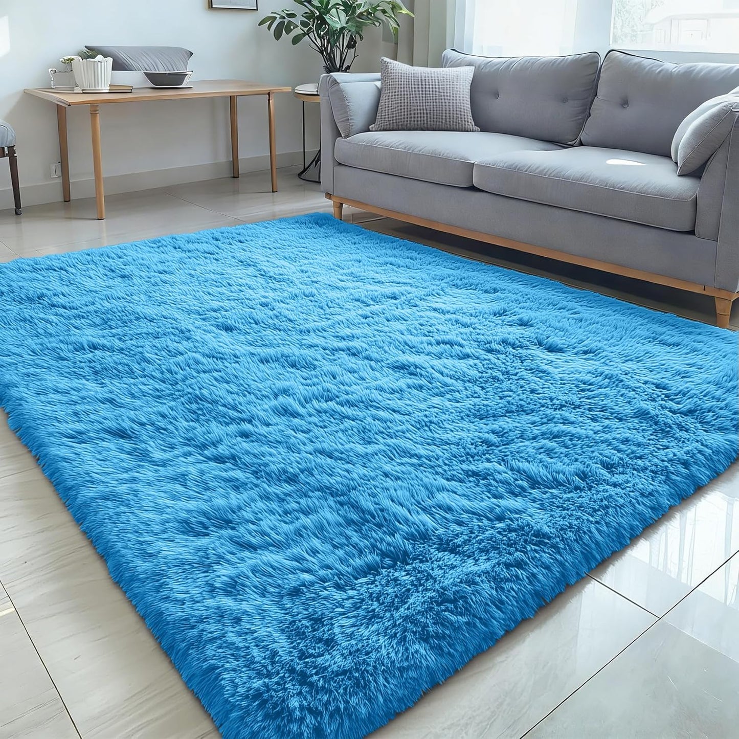 OLANLY Large Area Rug - Soft Fluffy Shaggy Carpet for Living Room & Bedroom | Bright Blue, 5x8 ft