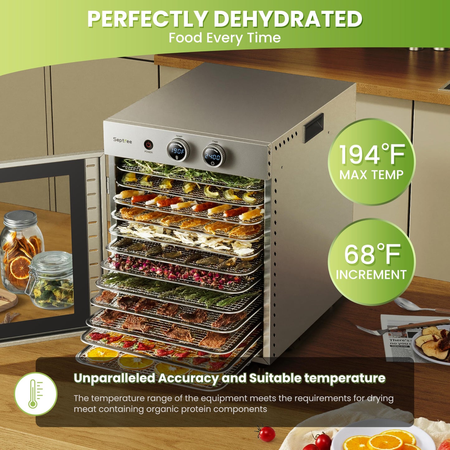 Food Dehydrators Machine with 12 Stainless Steel Trays with Timer Setting Temperature Adjusted 68 ℉ to 194 ℉ Dryer for Herb Fruit Meat Vegetables Mushroom Beef for Commercial Household Dark Black