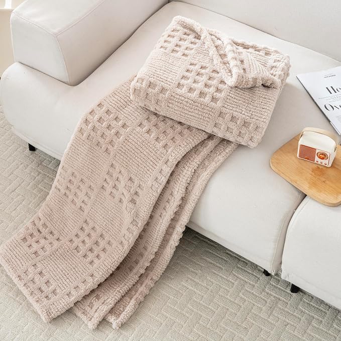 90x90 Inch Brown Waffle Queen Blanket - Soft & Fluffy Fleece, Neutral Tan Color, Cute & Aesthetic, Perfect for Sofa, Couch, Bed, Living Room & Bedroom, All-Season Use, Plush & Cozy Decorative Blanket