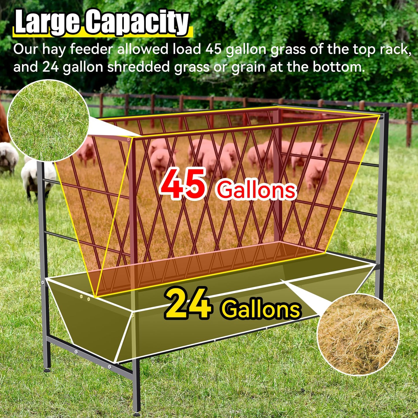 YXJSTO Pasture Hay Feeder 69 Gallon, Livestock 2 in 1 Hay and Grain Feeder, Heavy-Duty Galvanized Metal Goat Feeder with 2 Trays, Pasture Feeder for Goat, Sheep, Foal, Sheep