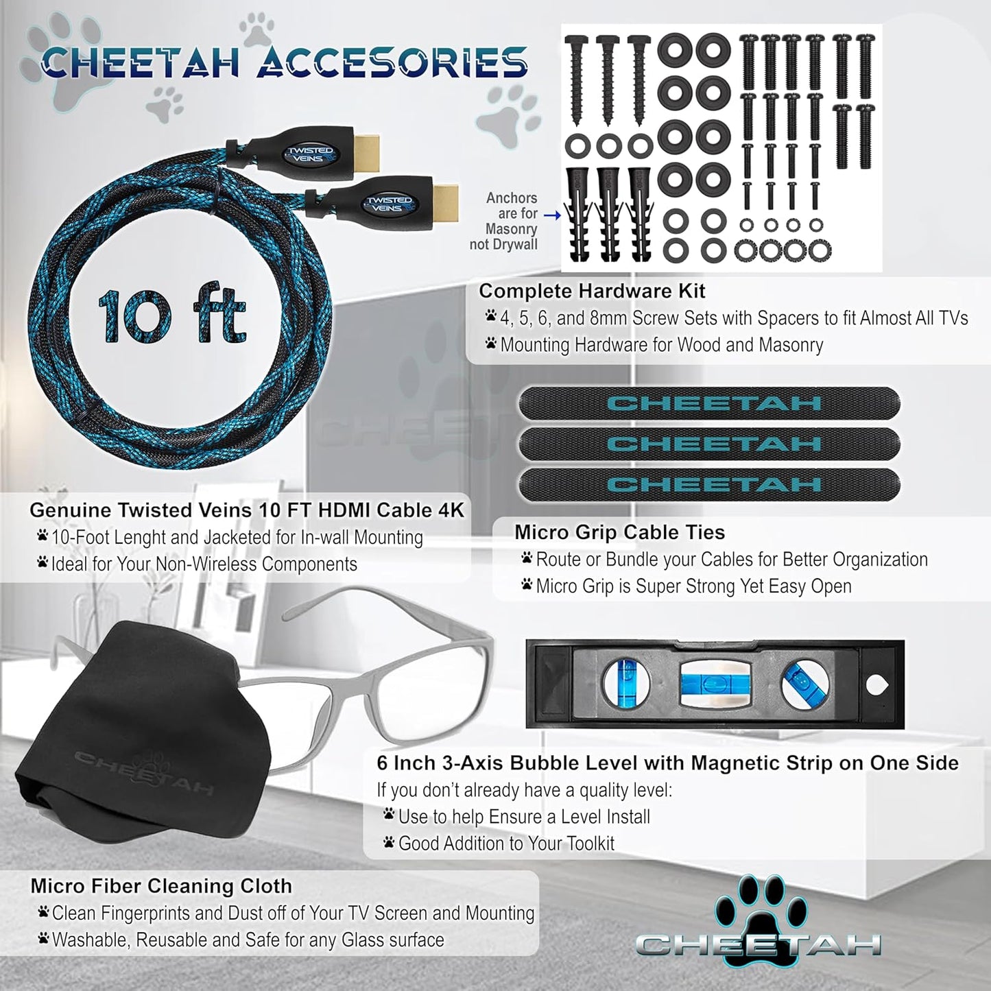 Cheetah 12-55 Inch 40lbs 200x200mm, 10ft 15" TV Monitor Wall Mount for TVs up to VESA with HDMI Cable, TouchAdjust