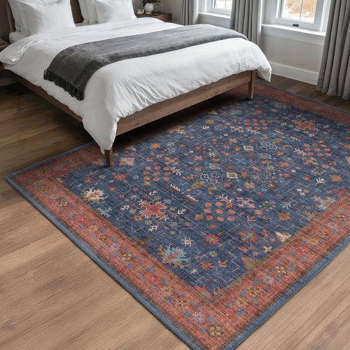 Hazo Haus Dark Blue & Terracotta Area Rug - Machine Washable 5x8 Non-Slip Low Pile for Living Room, Bedroom & Kitchen