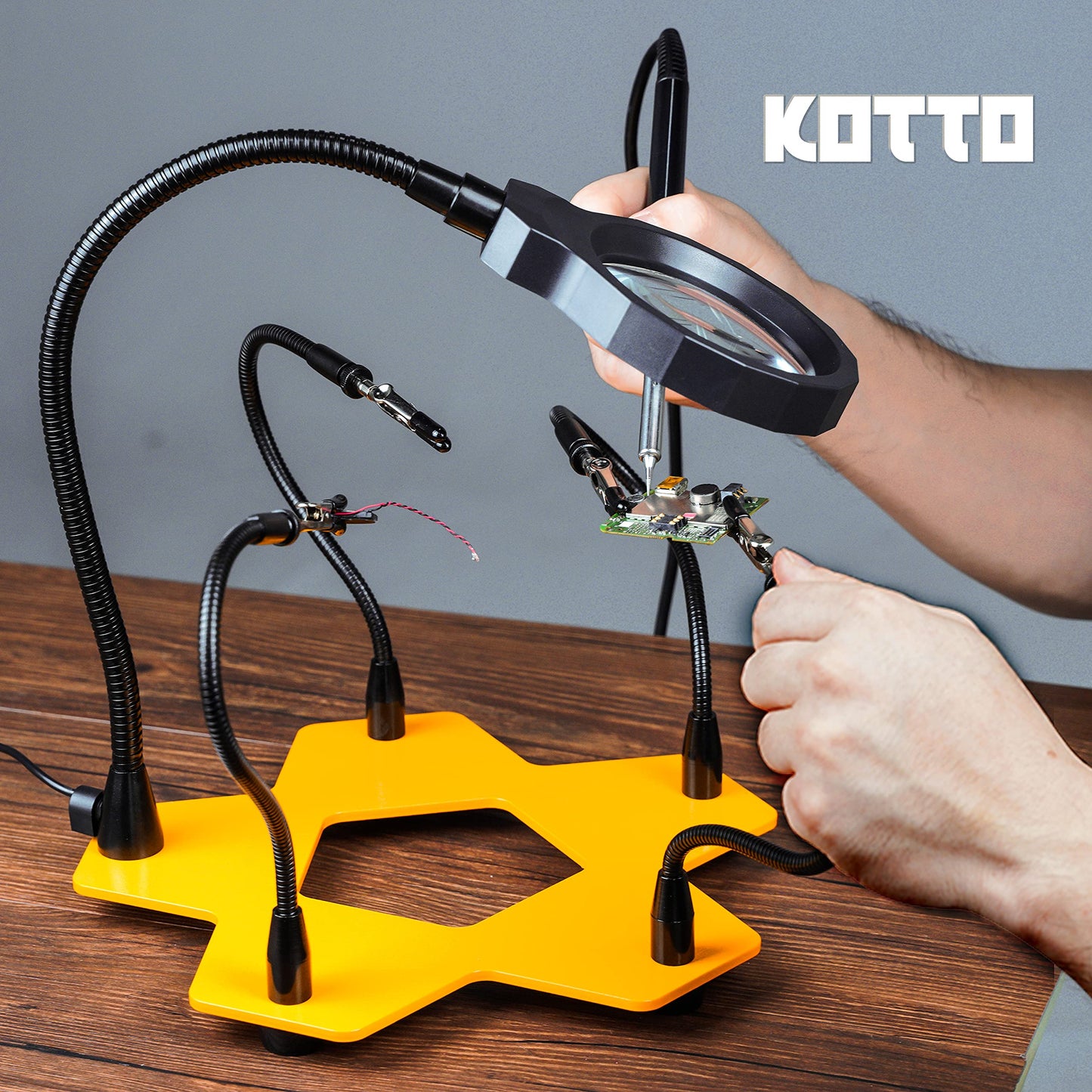 KOTTO LED Lighted Magnifying Five Arms Helping Hands Soldering Station,Strong Suction Smoke Absorber for Soldering