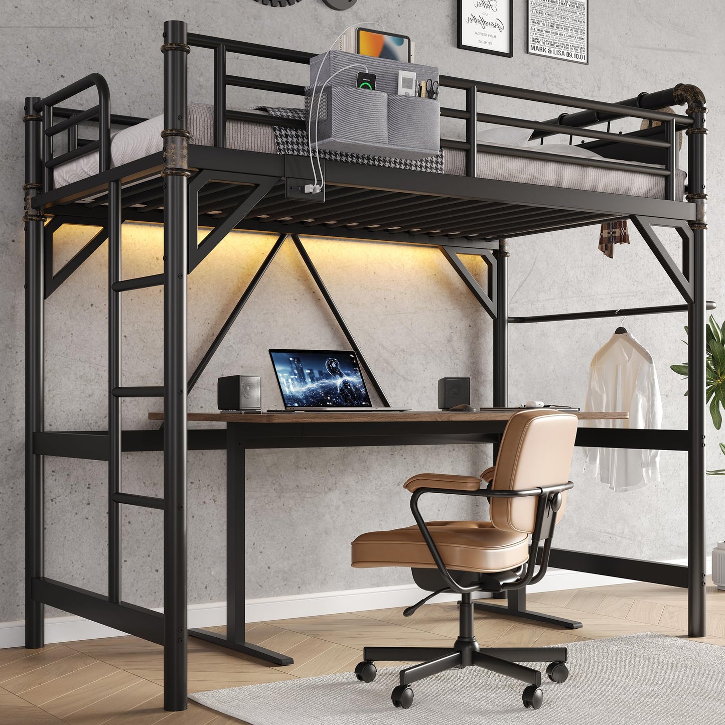 Twin Size Loft Bed with LED Lights and Charging Station, Industrial Heavy Duty Metal Loft Bed Frame with Ladder and Guardrail for Kids Adults, Small Space Saving Design for Bedroom Dorm, Black