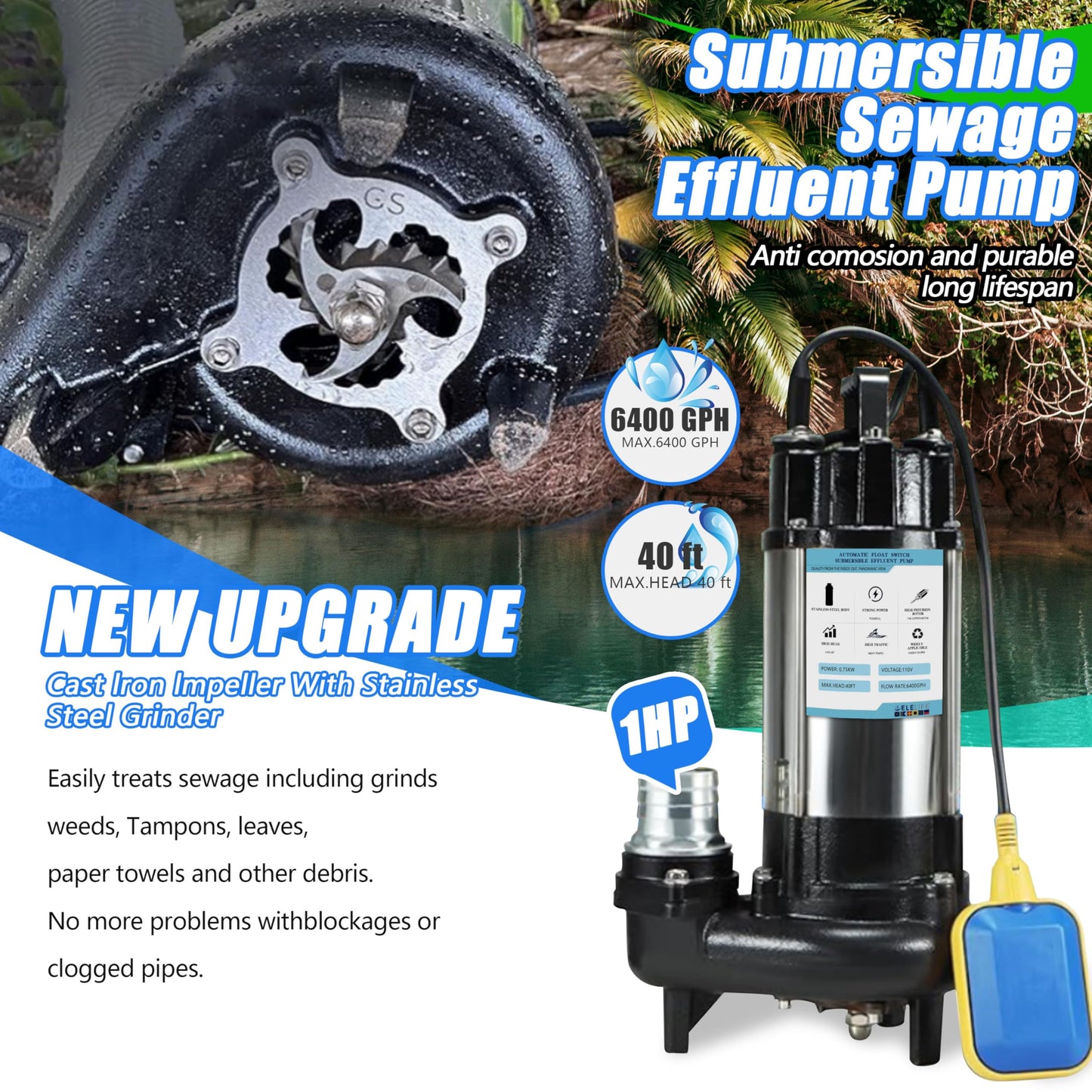 1HP Sewage Grinder Pump Submersible Effluent Pump, Sump Pump 110V 6400GPH with Automatic Float Switch,Stainless steel body and reamer.2'' NPT Discharge for Basement, Sump Basin.