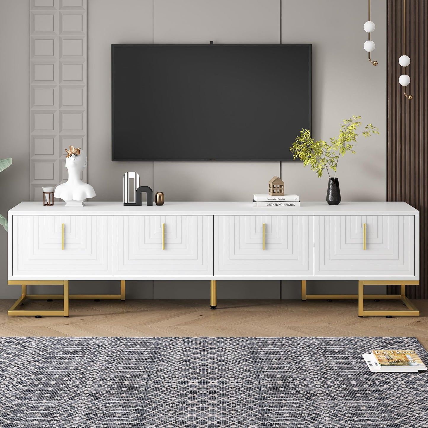 Ball & Cast Modern TV Stand with Storage Cabinets for TVs up to 80", Luxury Media Console w/Metal Legs & Gold Handles,Geometric Lines & Adjustable Shelf,Entertainment Center for Living Room,White