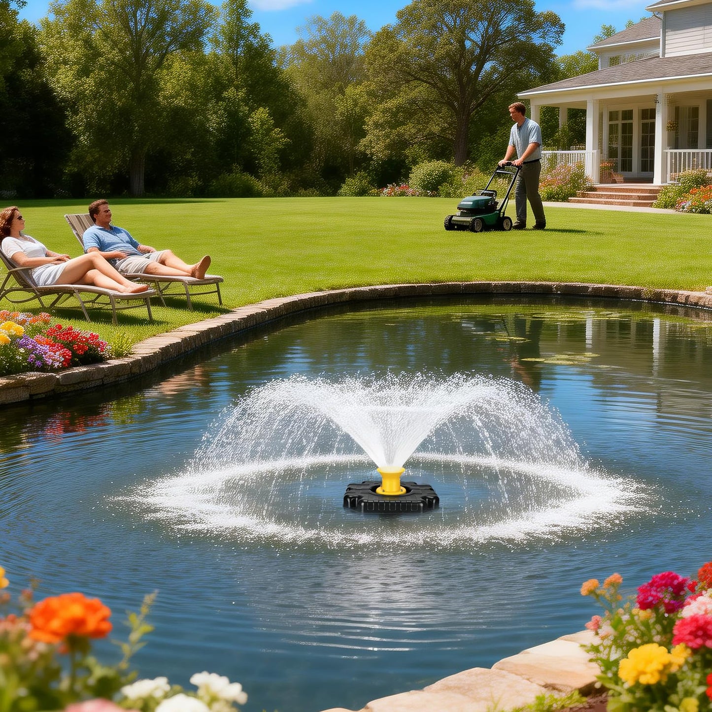 Burnvale Pond Fountain Aerator, 1HP 110V 750W 15000 GPH Floating Aerating Fountain Pump with 100 FT Power Cord, Timer, 2 x 100 FT Traction Rope, Powerful Lake Pond Aerator for Larger Ponds, Lakes