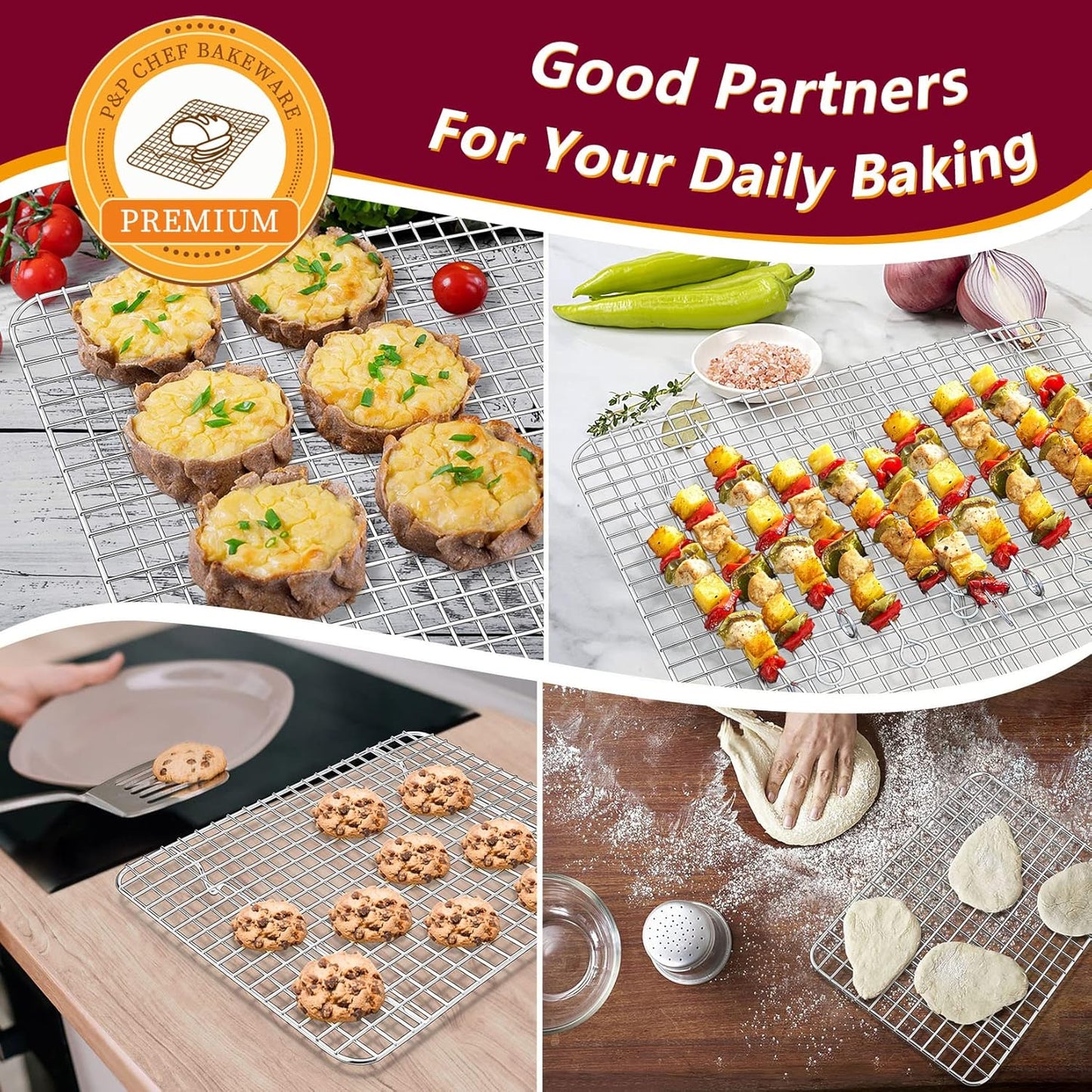 P&P CHEF Baking Sheet Set - Stainless Steel Cookie Sheets with Cooling Racks | 16", 12.5", 9" Sizes