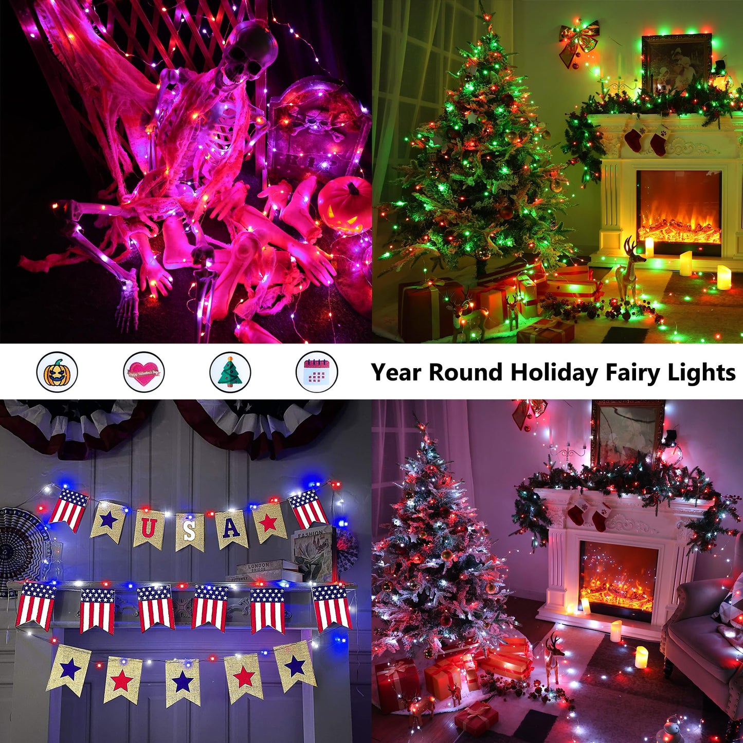 BrizLabs Fairy String Lights - 2 Pack 66ft 200 LED Color Changing Fairy Lights with Remote, Plugin Red White Blue Twinkle Light Rainbow Firefly Starry Light for Xmas Tree Halloween July 4th Easter