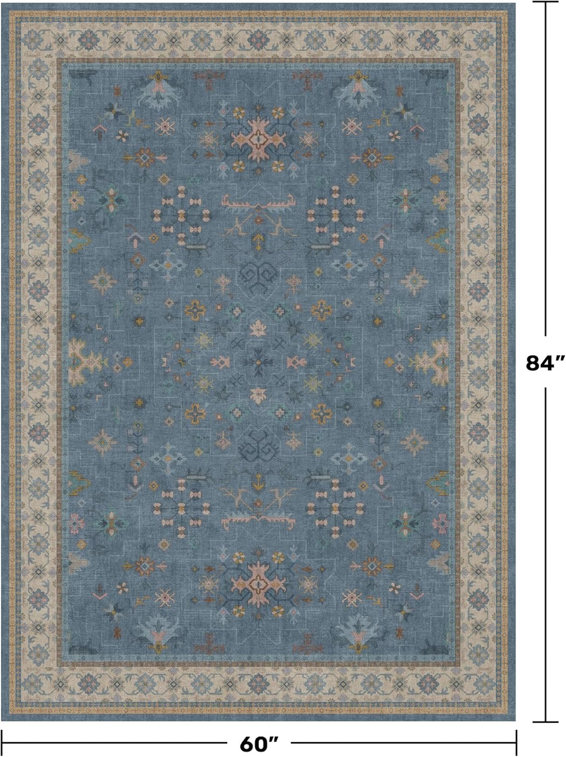 Skiennix Washable 5x7 Blue Kids Room Rug - Colorful Boho Low-Pile Carpet with Non-Slip Back