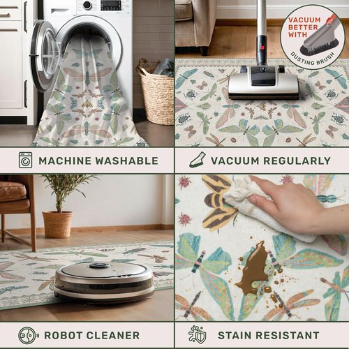 Hazo Haus Boho Bathroom Runner - 2x6 Non-Slip Washable Blue & Green Rug | Butterfly Insect Print Decor