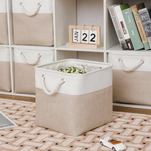 MidmmVick Extra Large 13"x13" Cube Storage Bins - 6 Pack Collapsible Fabric Bins in White & Beige