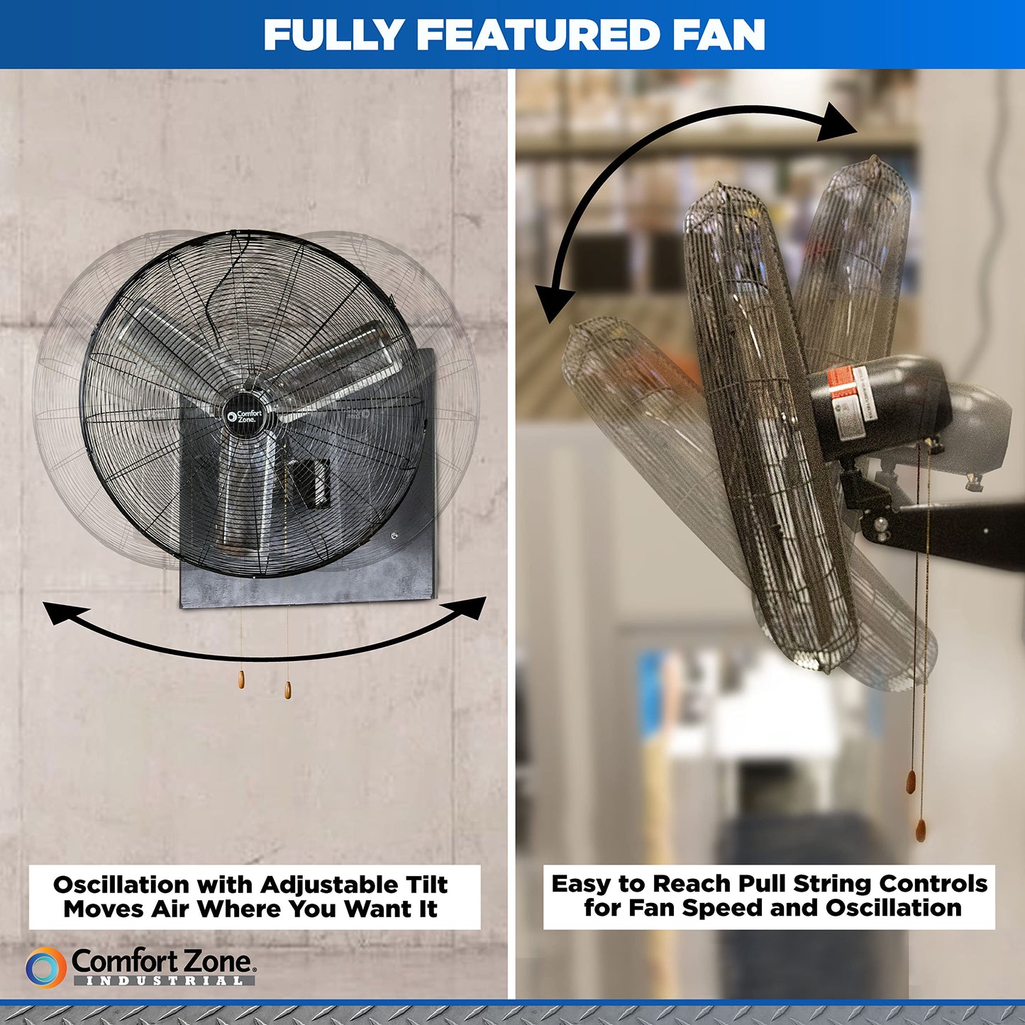 Comfort Zone Oscillating High Velocity Industrial Wall Fan, 30 inch, 2 Speed, All Metal, Adjustable Angle & Tilt, Steel Mounting Bracket, Aluminum Blades, Ideal for Garage or Workshop, CZHVW30EX