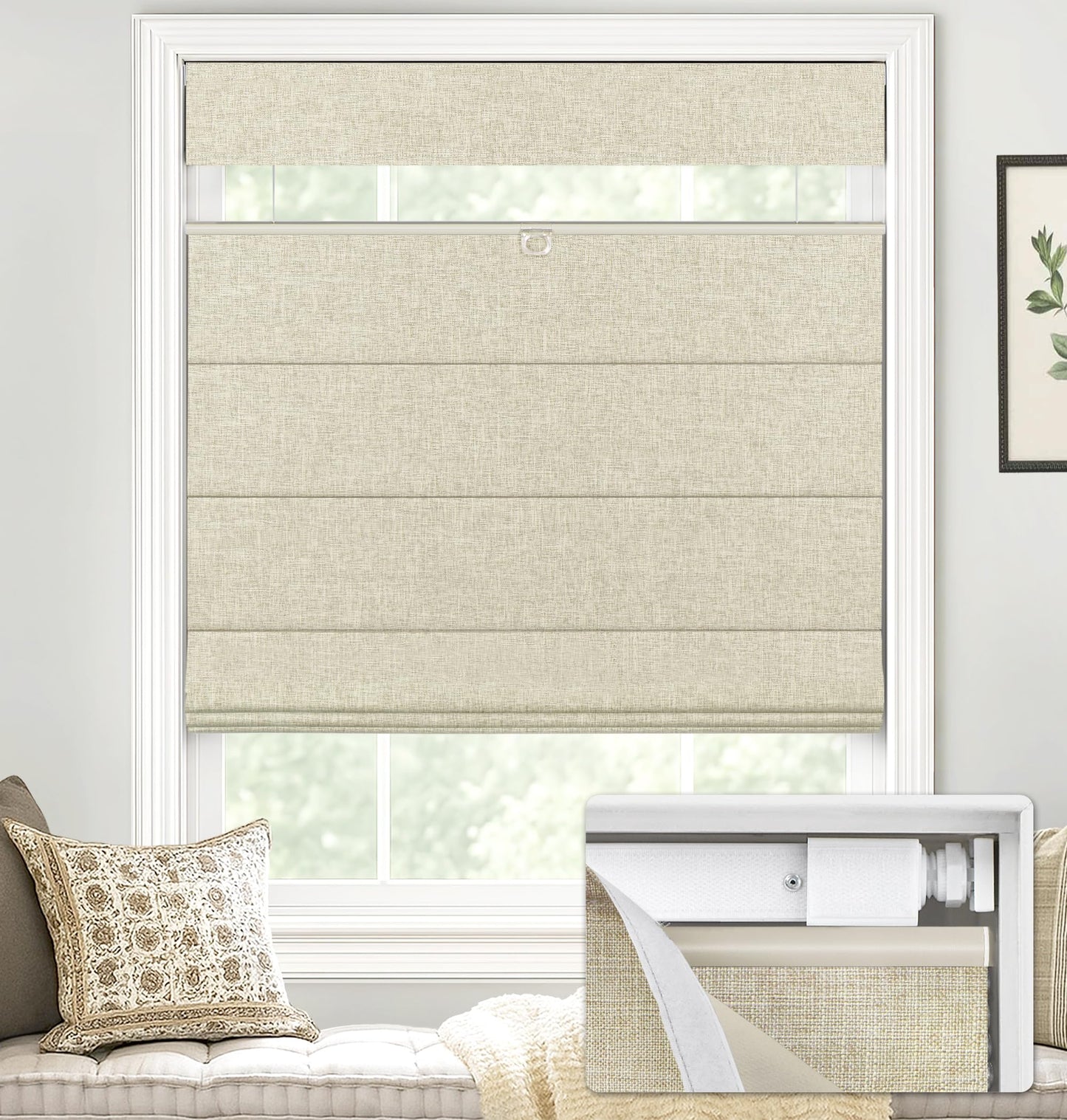 LazBlinds No Tools No Drill TDBU Cordless Roman Shades for Window, Thermal Insulated UV Blocking, 100% Blackout Fabric Blinds for Bedroom & Living Room, 42" W x 64" H, Blackout - Beige