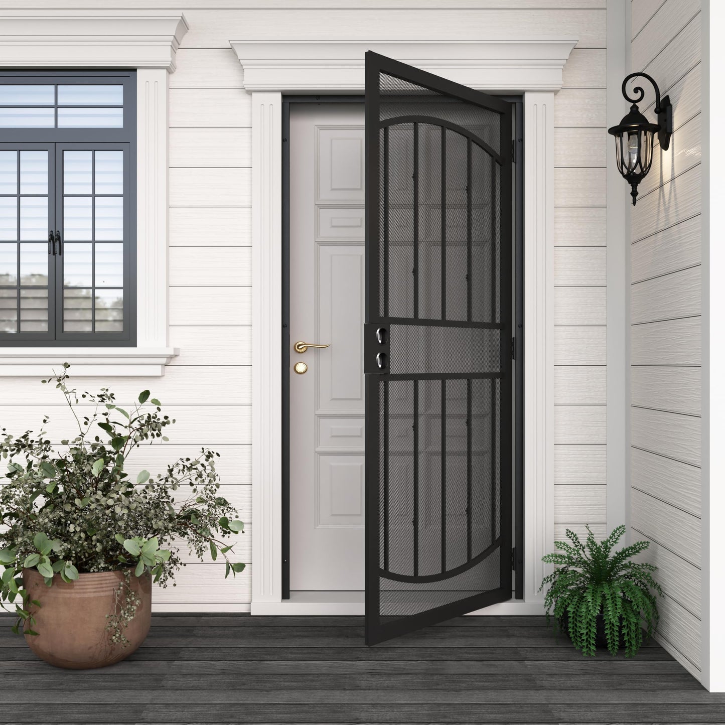 JUBEST 32" x 80" Steel Security Door, Universal/Reversible Outswing Security Screen Door, Black Powder-Coated Surface Mount Frame with Expanded Metal Screen, Rust-Resistant, No Handles Included