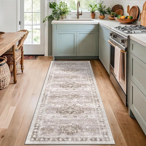 Boho 2x8 Long Runner Rug - Non-Slip Vintage Floral Design for Kitchen & Hallway | Washable Beige Latte
