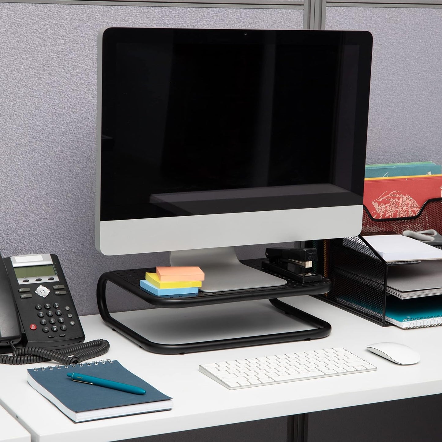 Set 2, 14.25"L 11"W 4.25"H, Mind Reader Monitor Stand, of Ventilated Laptop Riser, Desktop Organizer, Metal, x x Black