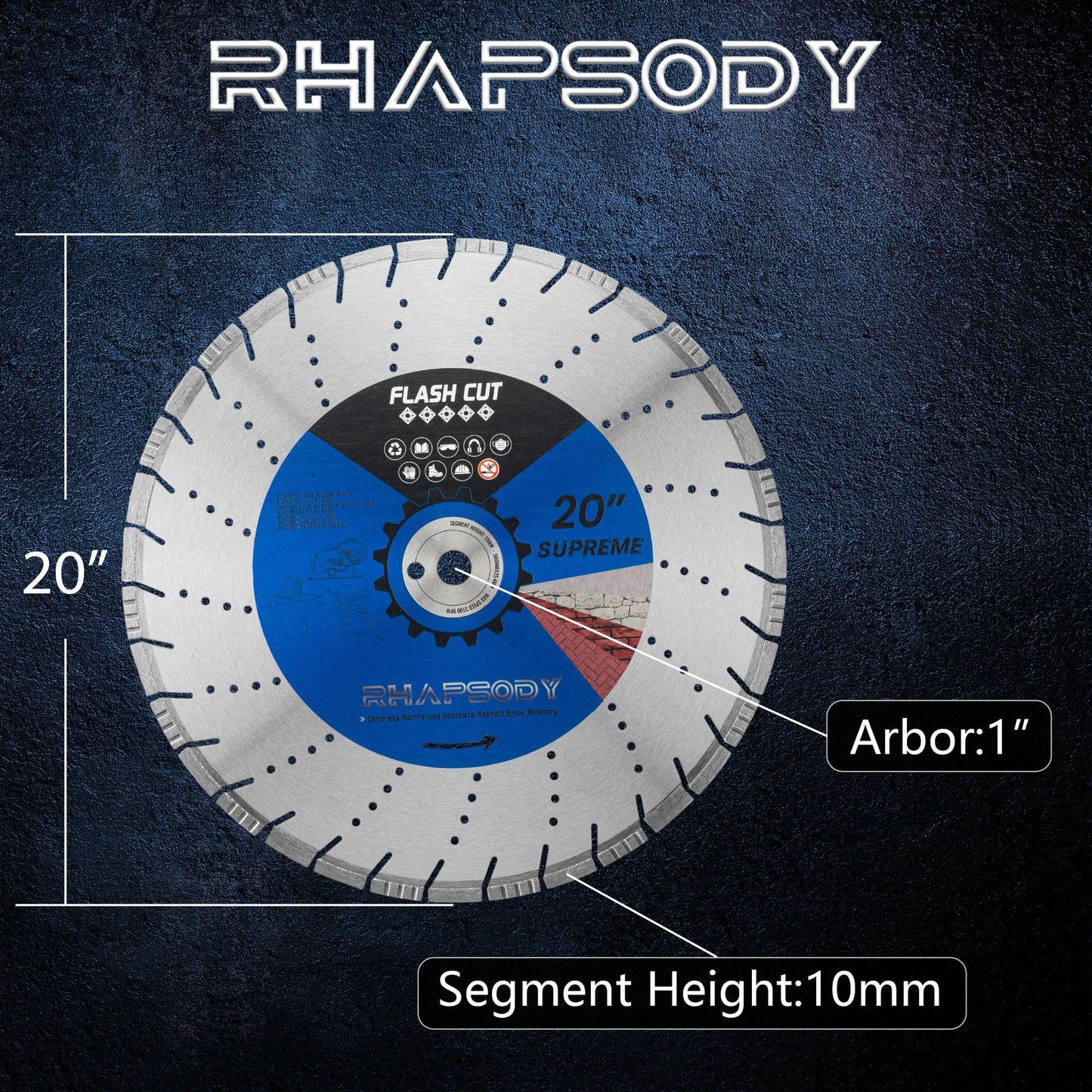 RHAPSODY 20 Inch Laser Welded Diamond Saw Blade, Segmented Supreme Diamond Blade All Purpose Dry/Wet Cutting Hard/Reinforced Concrete, Asphalt, Masonry,1" Arbor