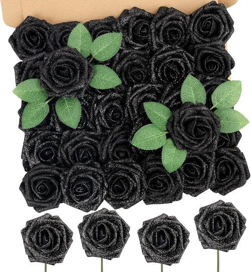 MACTING 30PCS Real Touch Foam Roses - Black Glitter Artificial Flowers for DIY Wedding Bouquets & Home Decor