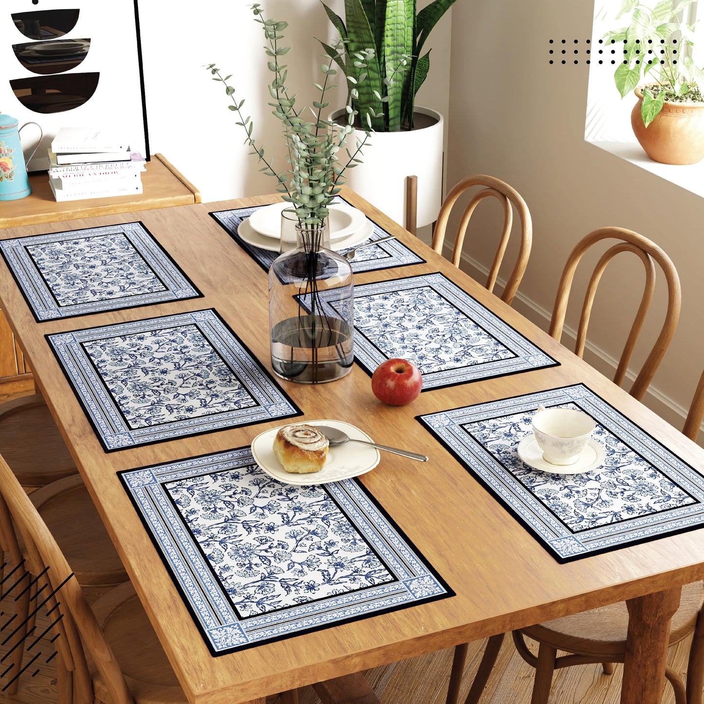 Encasa XO Dining Table Mats Set of 6 | Indigo-02 Block Printed Cotton Canvas Placemat - 18x13 in | Jaipur Sanganeri Hand Print