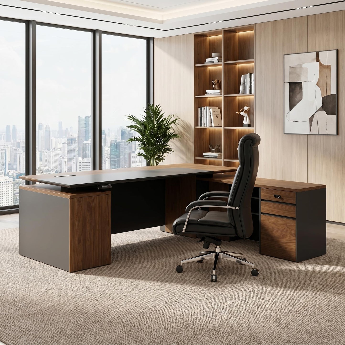 ZIMASYA 79" L Shaped Executive Desk with File Cabinet Drawers Outlet USB, Dual-Motor Adjustable-Height Modern Executive Desk with Privacy Panel for Boss Managers Office Home Natural Wood & Grey
