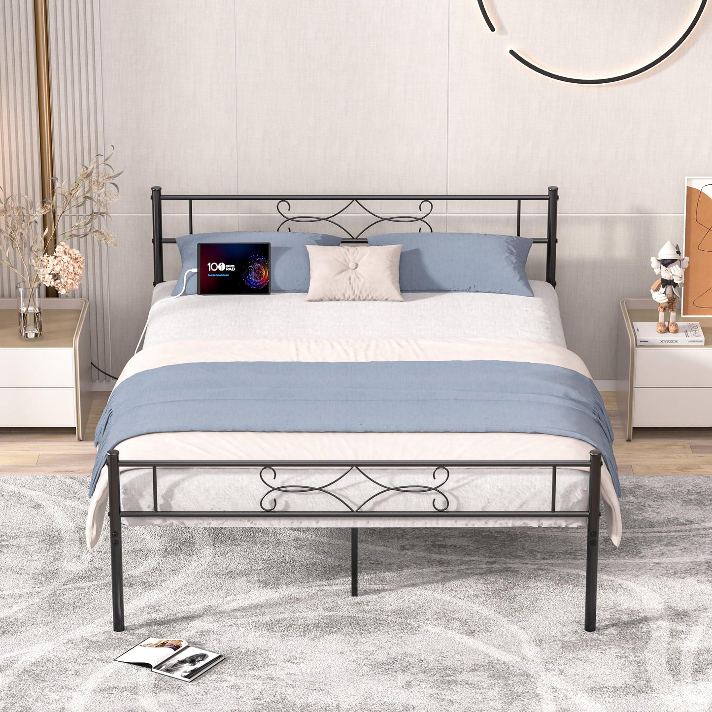 VECELO 14" Queen Size Metal Platform Bed Frame with Headboard and Charging Station,Premium Steel Slat Support No Box Spring Needed,Noise-Free Anti-Slip,Easy Assembly